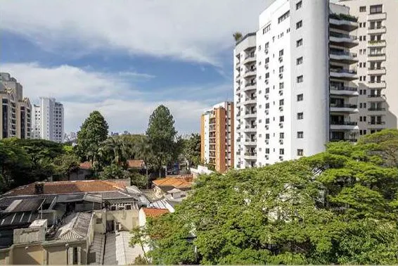 Vista Sky do 4º andar, unidade 41: prédios e copas de árvores da Vila Nova Conceição, em foto de drone.