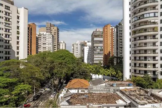 Vista Horizonte do 5º andar, unidade 51: prédios e copas de árvores da Vila Nova Conceição, em foto de drone.