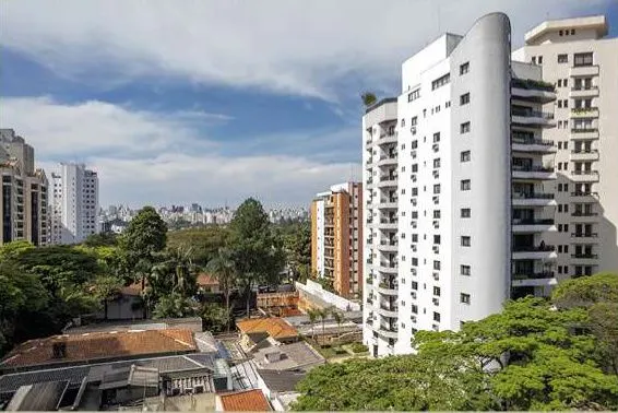 Vista Sky do 6º andar, unidade 61: prédios e copas de árvores da Vila Nova Conceição, em foto de drone.