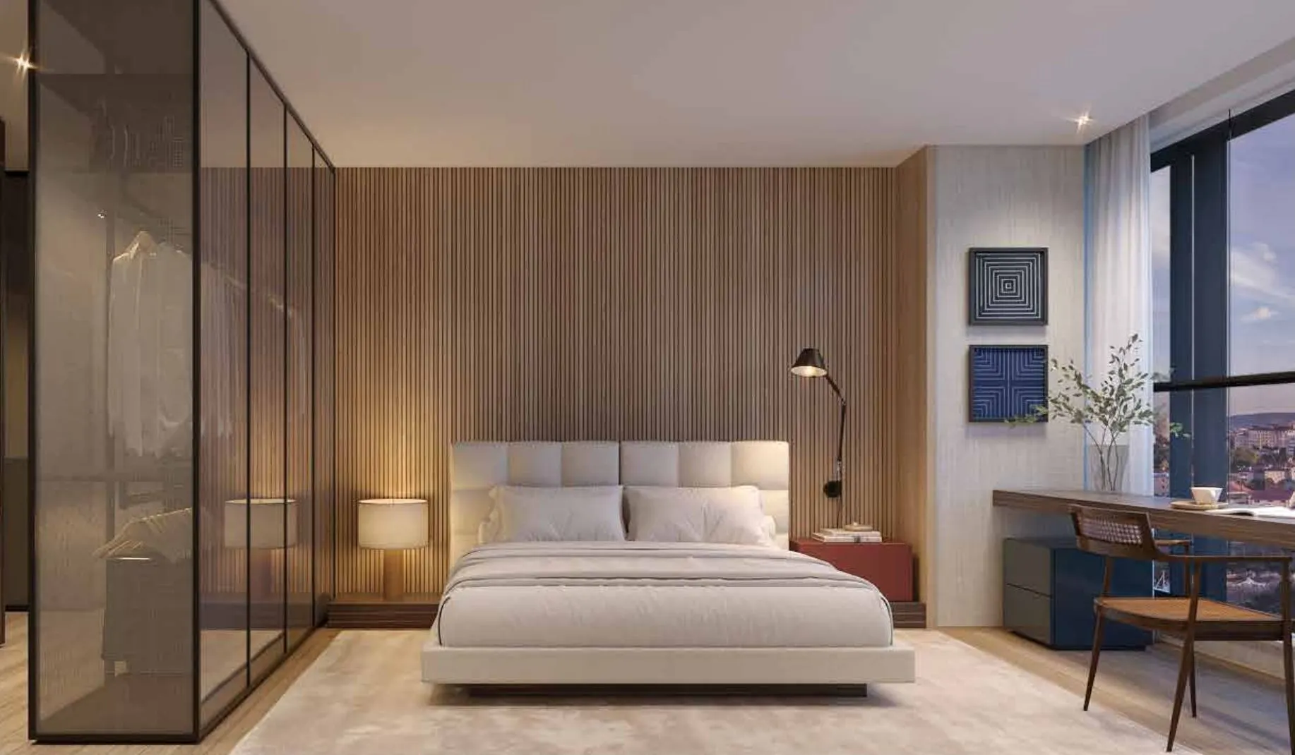 A suíte do decorado: cama baixa, painel de madeira e o closet atrás de portas de vidro.