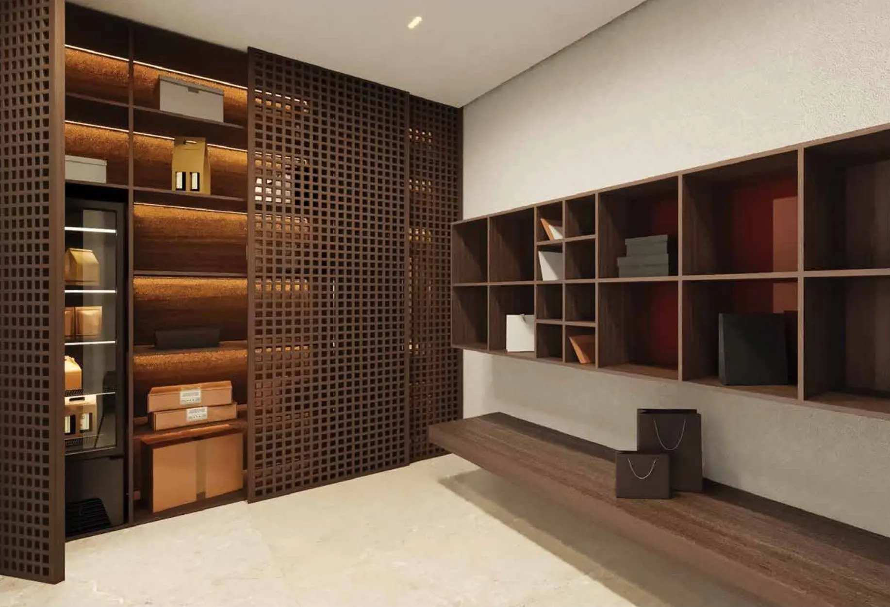 A sala de delivery, com armários de madeira e nichos para as entregas.