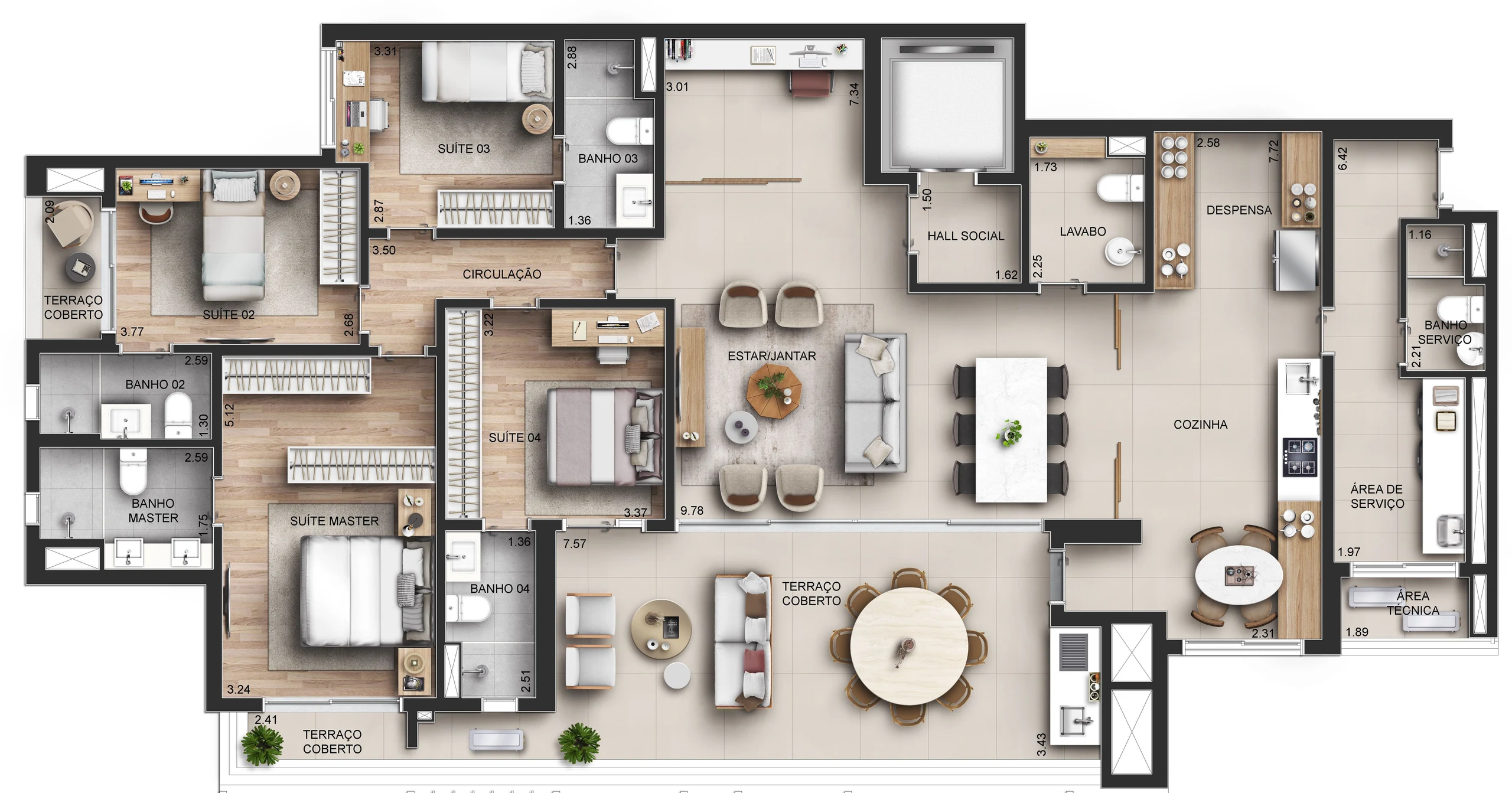 Opção 1 do apartamento de 210 m²: 4 suítes e cozinha ampliada.