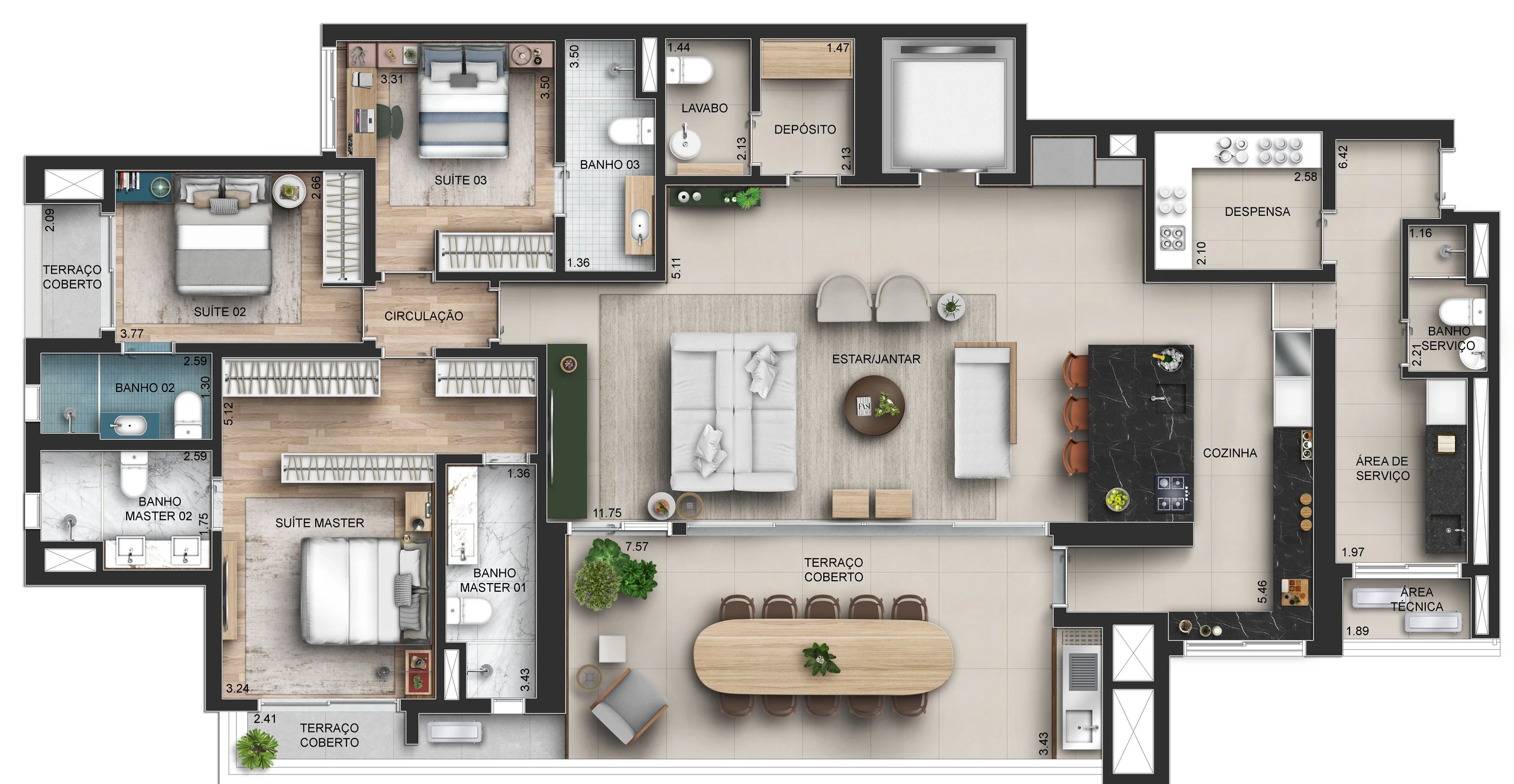 Opção 2, a do decorado do apartamento de 210 m²: 3 suítes, a master com dois banhos. Cozinha com ilha; lavabo e depósito junto do hall.