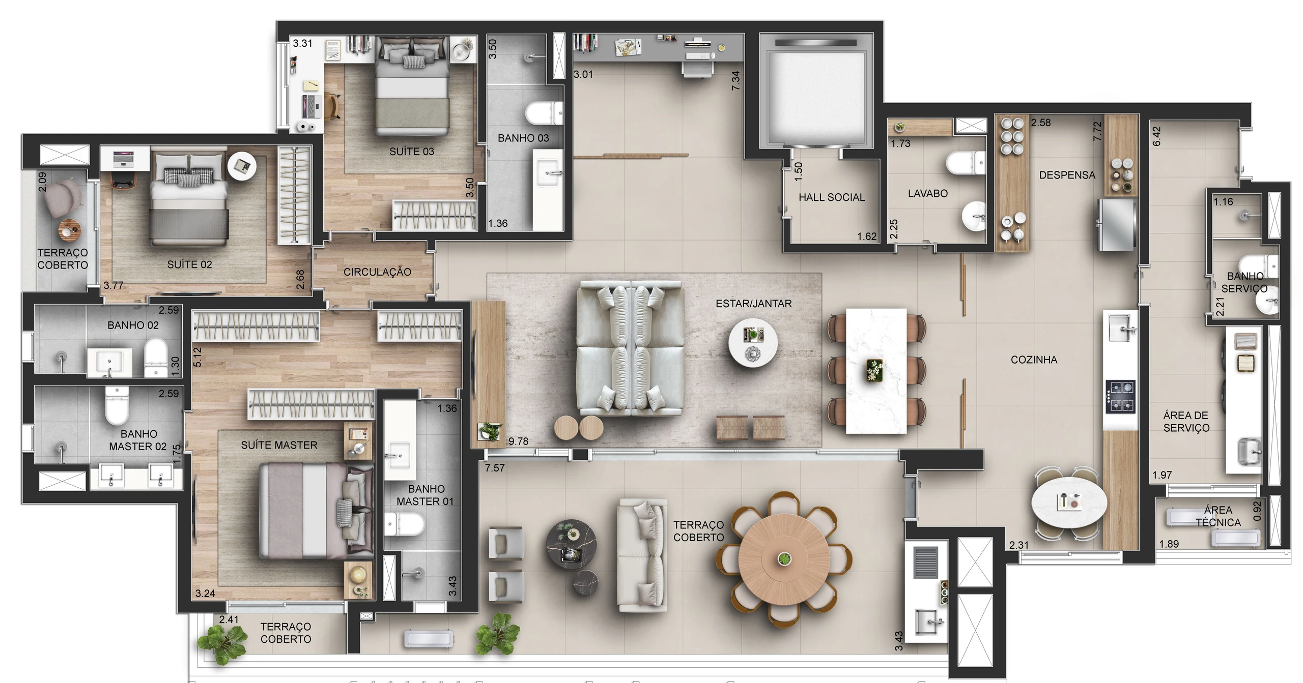 Opção 3 do apartamento de 210 m²: 3 suítes, a master com dois banhos.
