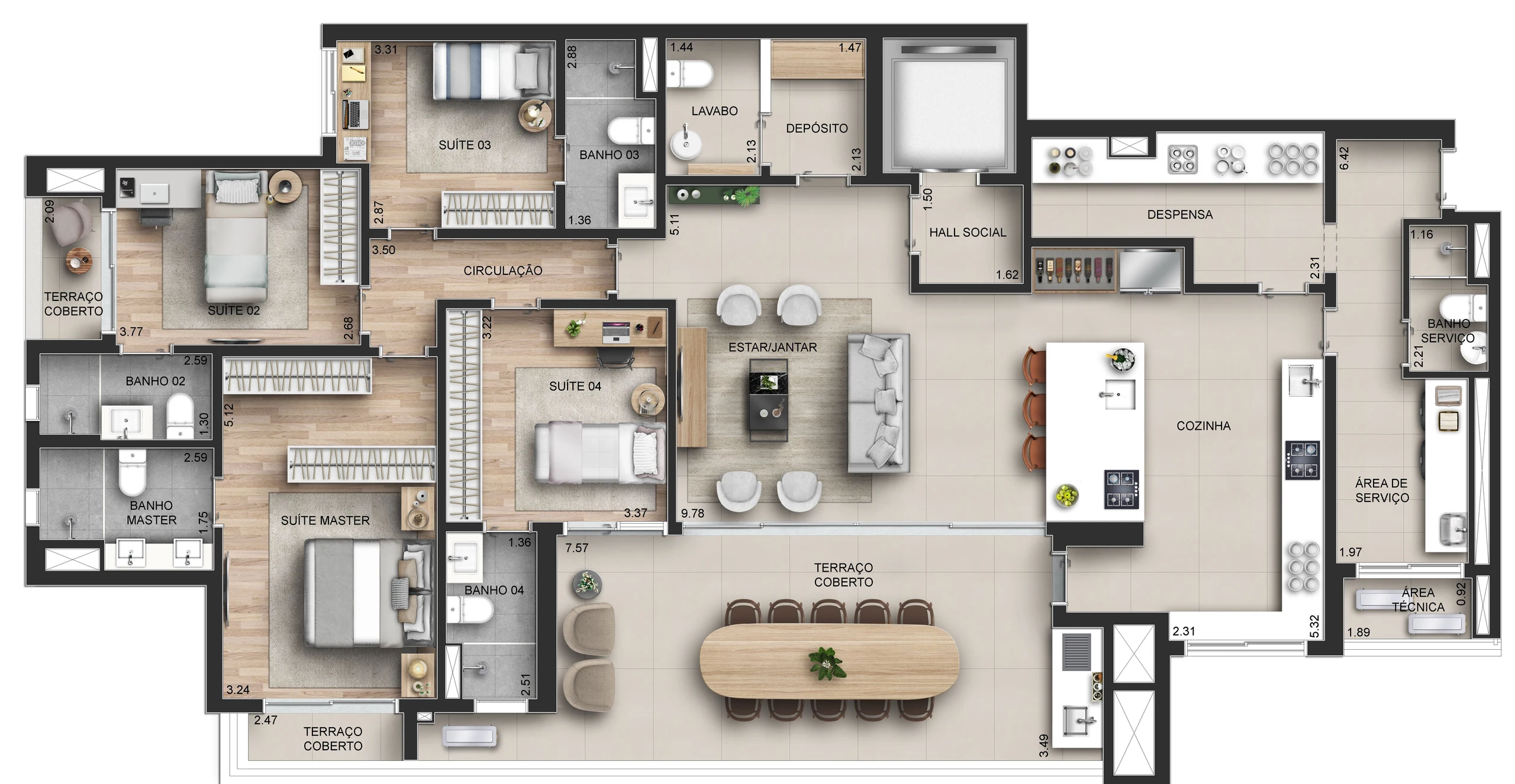 Opção 4 do apartamento de 210 m²: 4 suítes. Cozinha com ilha; lavabo e depósito junto do hall.