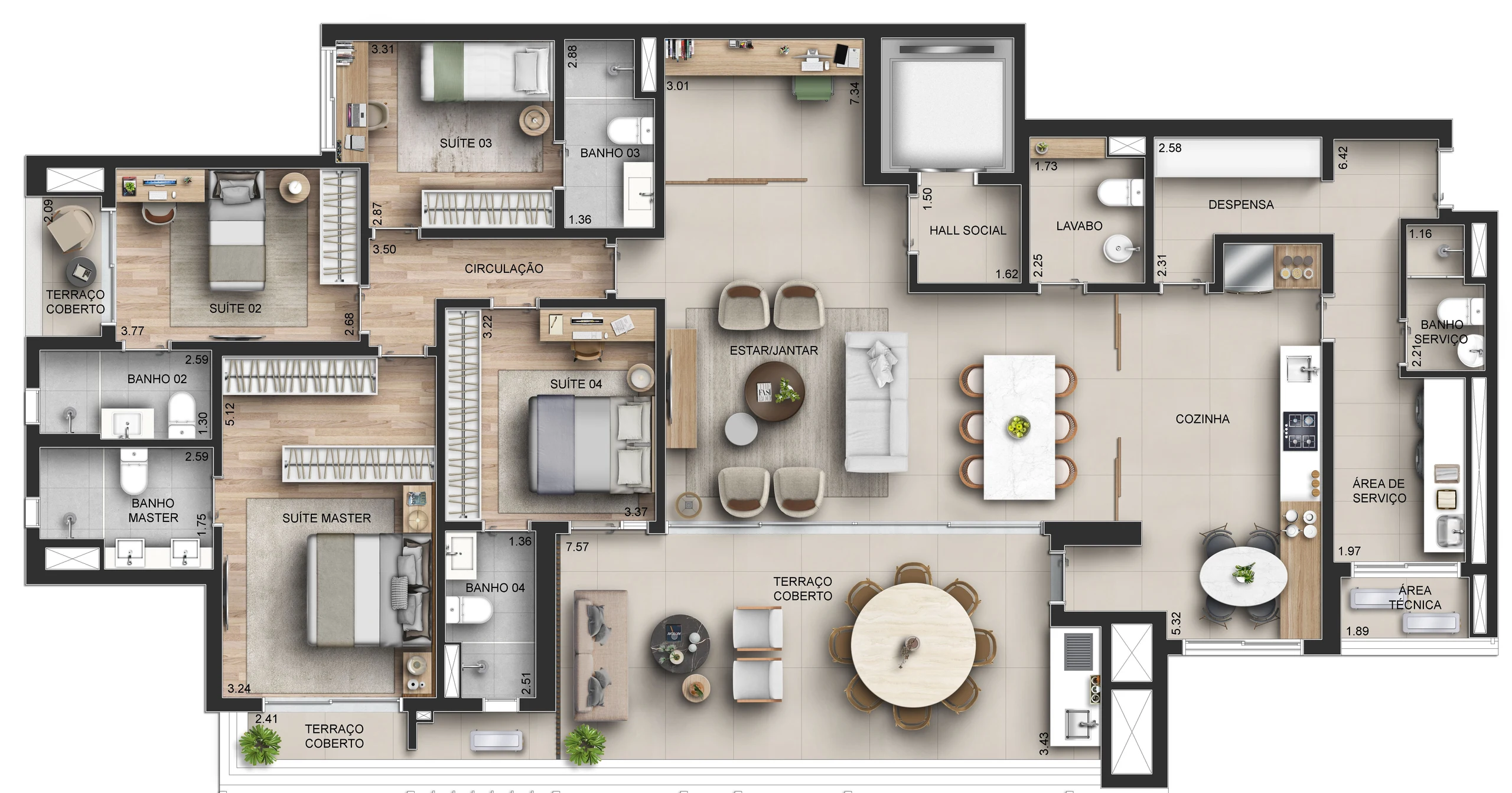 Planta tipo do apartamento de 210 m²: 4 suítes. Estar e jantar abertos para o terraço coberto; cozinha, despensa e área de serviço com banho.