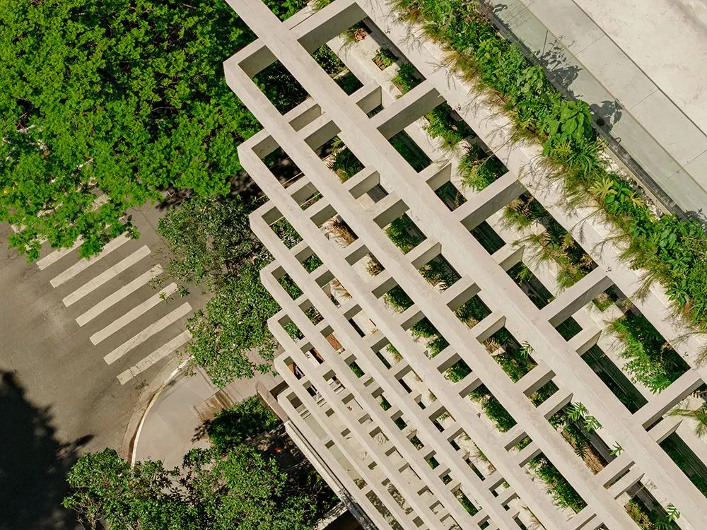 Os quadros de concreto vistos do alto, descendo até o jardim, com as copas das árvores embaixo.