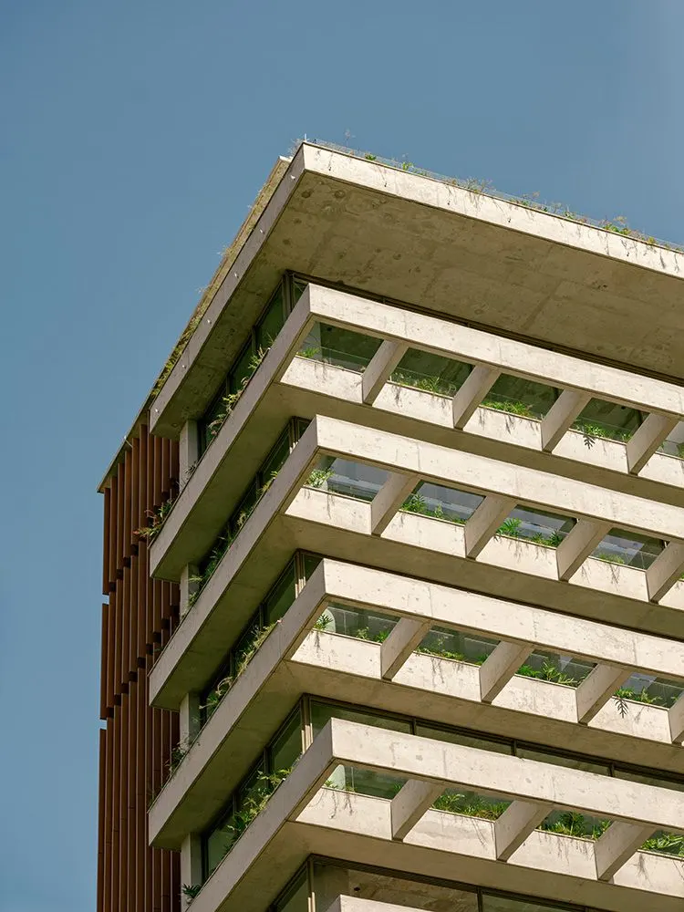 Os quadros de concreto da torre contra o céu azul, vistos de baixo, com as jardineiras verdes em cada andar e o painel de madeira na lateral.