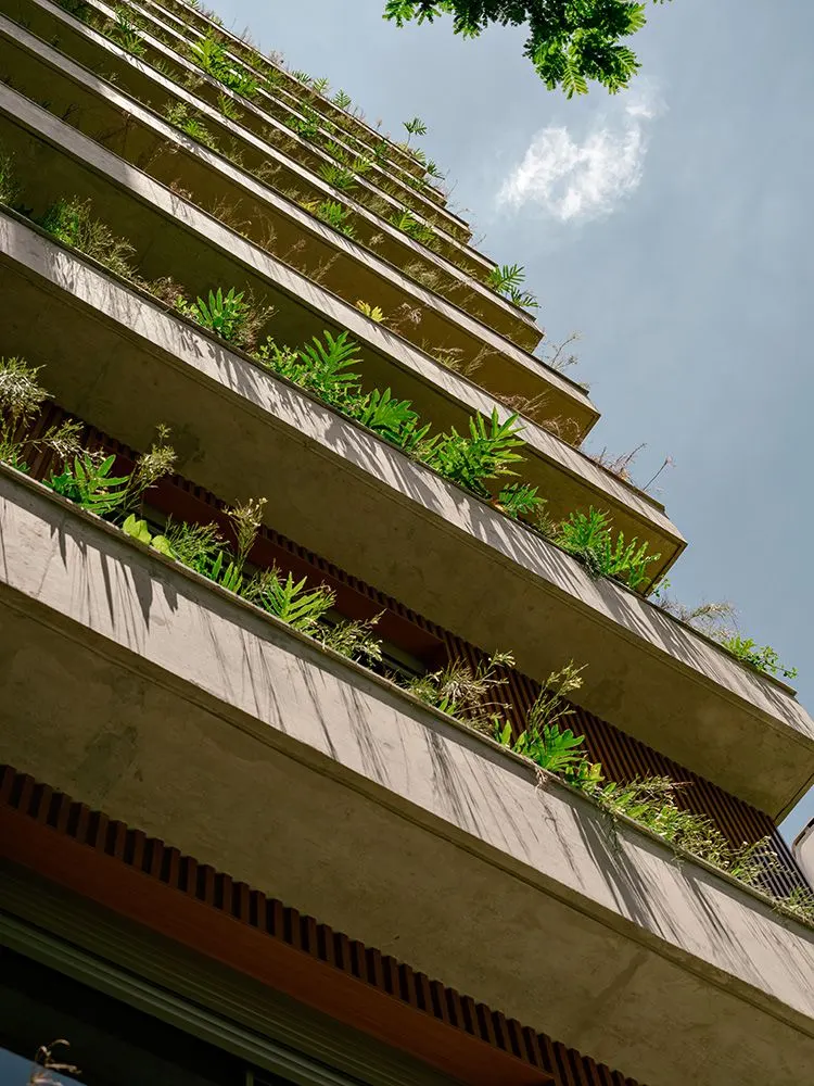 As jardineiras de cada andar vistas de baixo, em degraus, com as plantas pendendo e o céu azul.