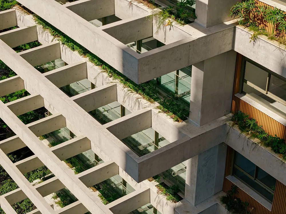 Os quadros de concreto de perto, com as jardineiras cheias de plantas, as janelas de vidro e o painel de madeira de um apartamento.