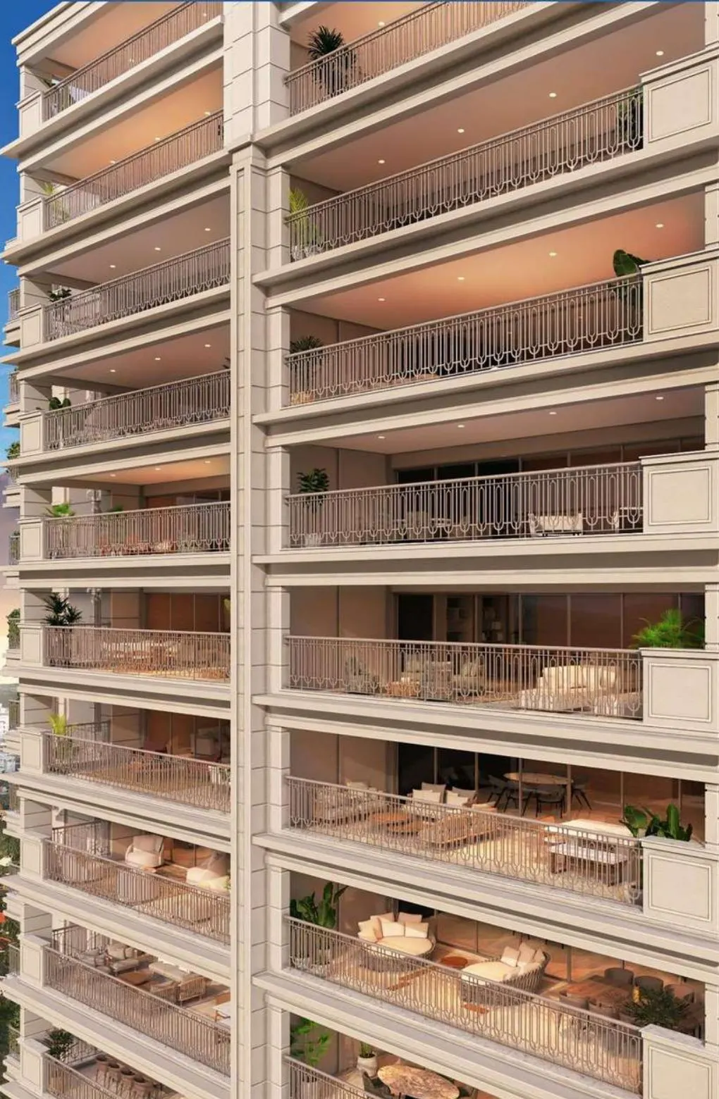 A torre da Lumière de perto: terraços amplos com guarda-corpo de ferro, sobre o verde do bairro.