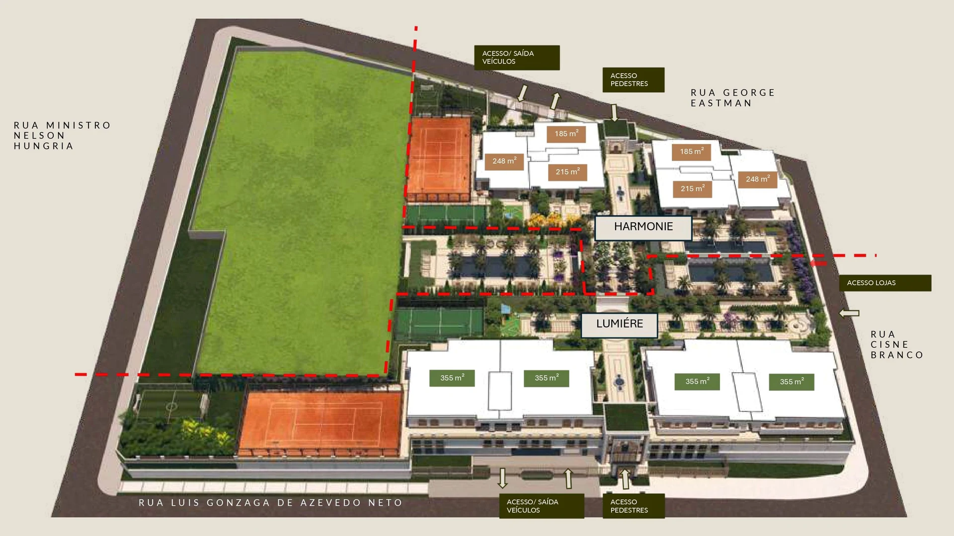Implantação ilustrada da quadra: as quatro torres, os jardins com espelhos d'água no meio e uma quadra de saibro em cada fase.