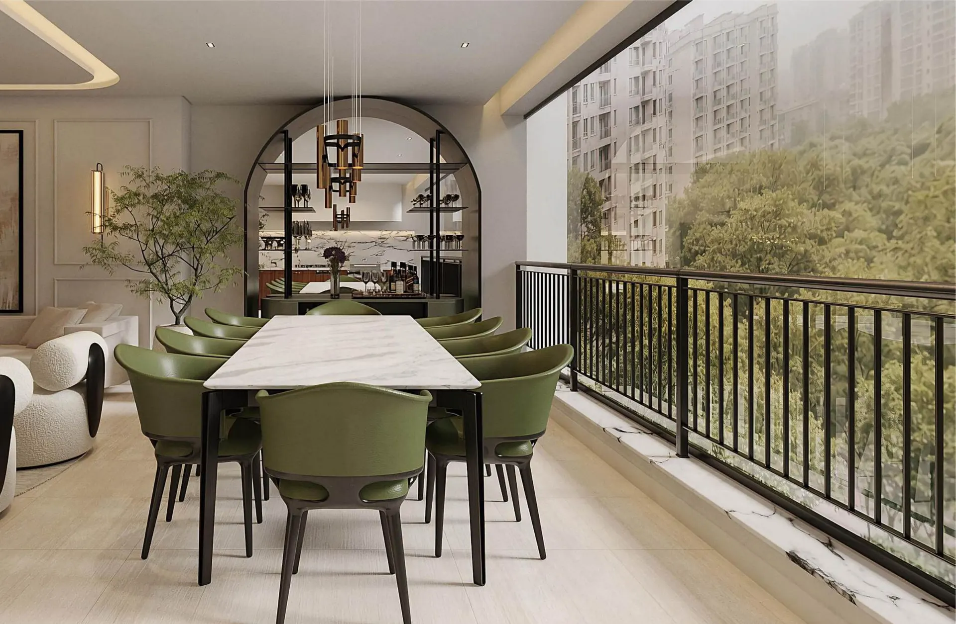 O jantar no terraço, com mesa longa de mármore e guarda-corpo de ferro sobre as árvores.