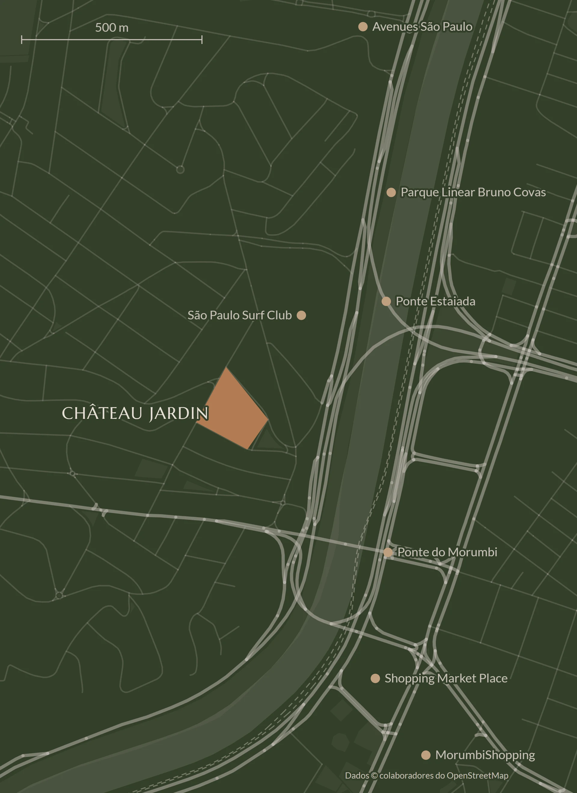 Mapa do entorno: a quadra do Château Jardin a oeste do Rio Pinheiros, com a Ponte Estaiada ao norte, a Ponte do Morumbi ao sul e os destinos medidos.
