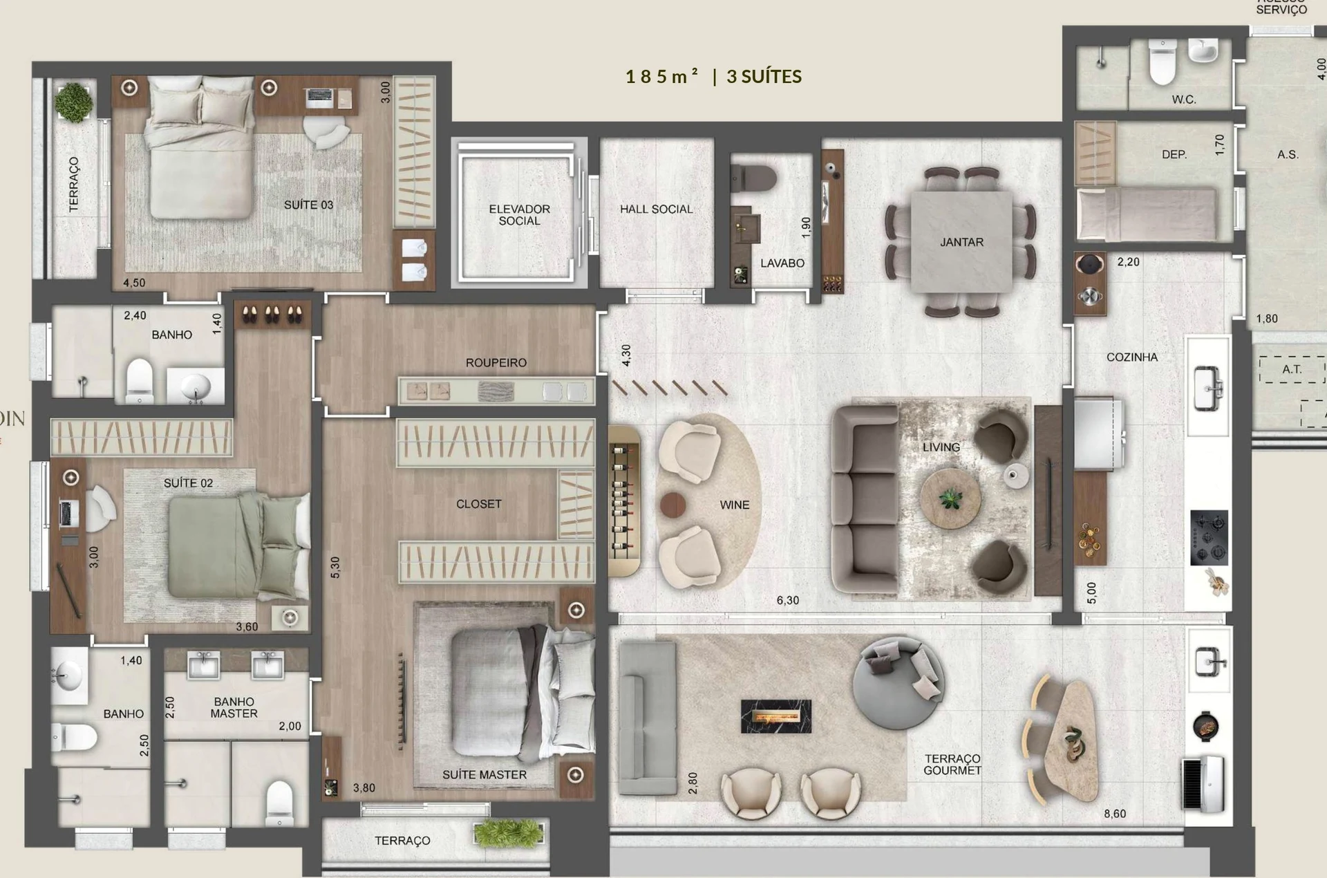 Planta humanizada: 185 m², 3 suítes.