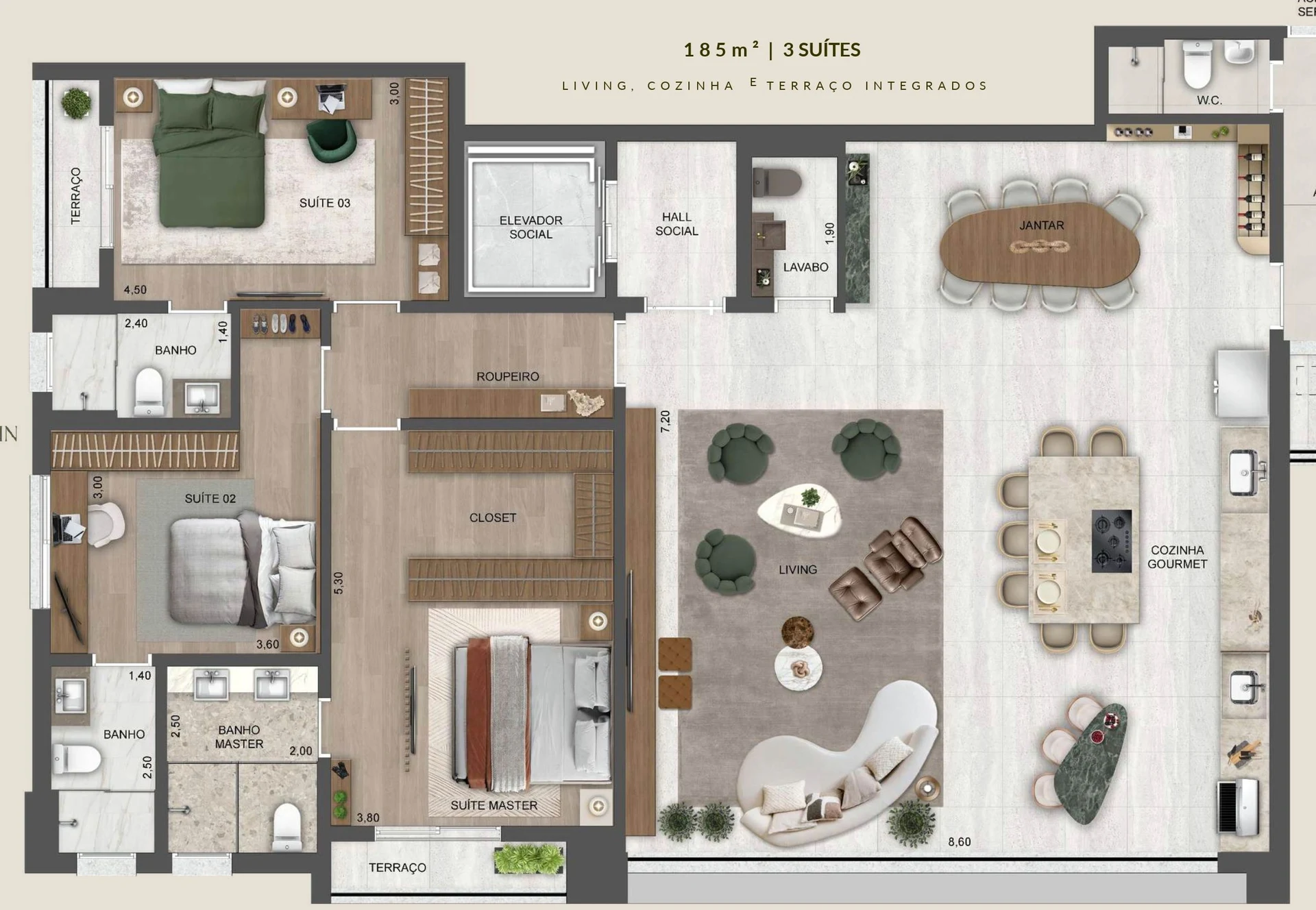 Planta humanizada: 185 m², 3 suítes, com living, cozinha e terraço integrados.