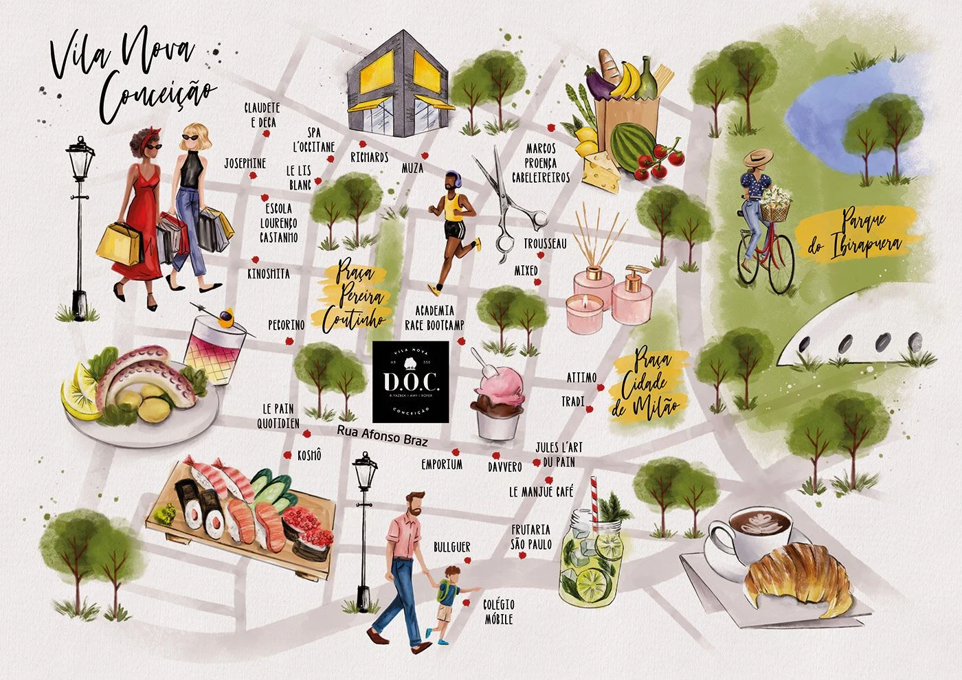 O mapa ilustrado em aquarela da Vila Nova Conceição: a Rua Afonso Braz com o selo do D.O.C., a Praça Pereira Coutinho, a Praça Cidade de Milão, o Parque Ibirapuera com a marquise e as lojas, cafés e restaurantes do bairro desenhados em volta.