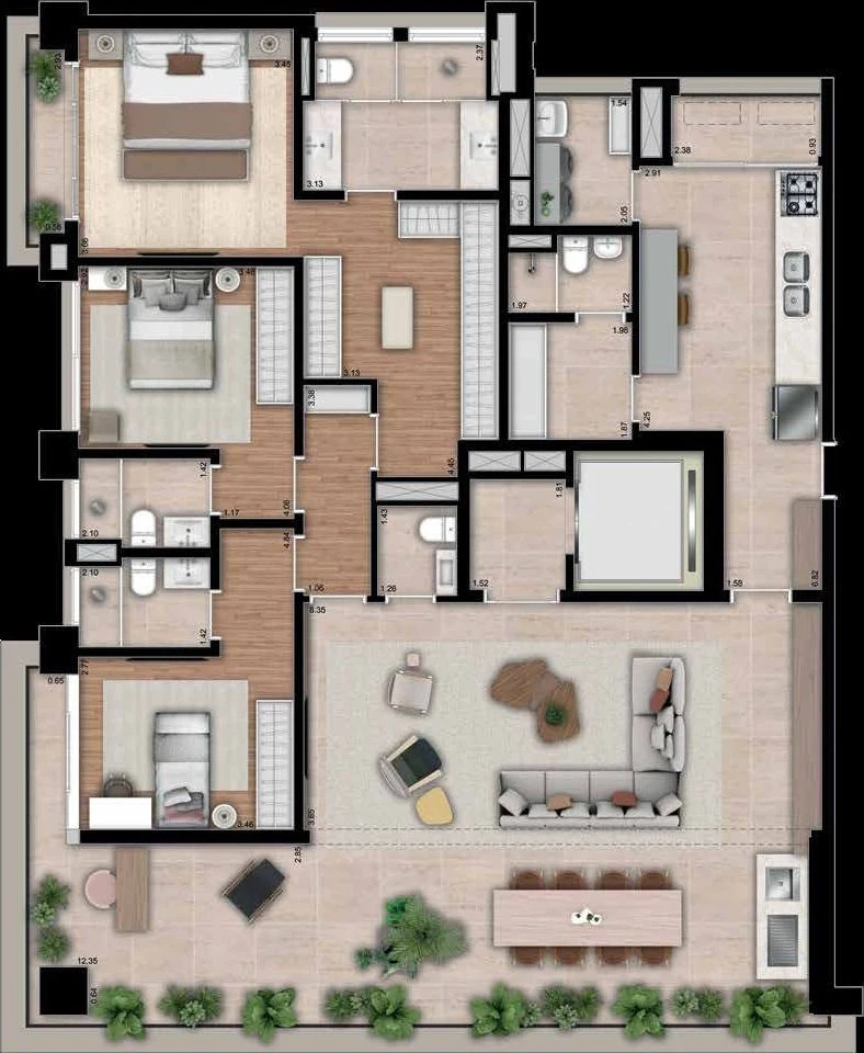 Planta ilustrada de 3 suítes: a suíte master com closet e banho de duas cubas, duas suítes com banho, o lavabo, a cozinha integrada, o living e o terraço social com a mesa de jantar ao longo da fachada.