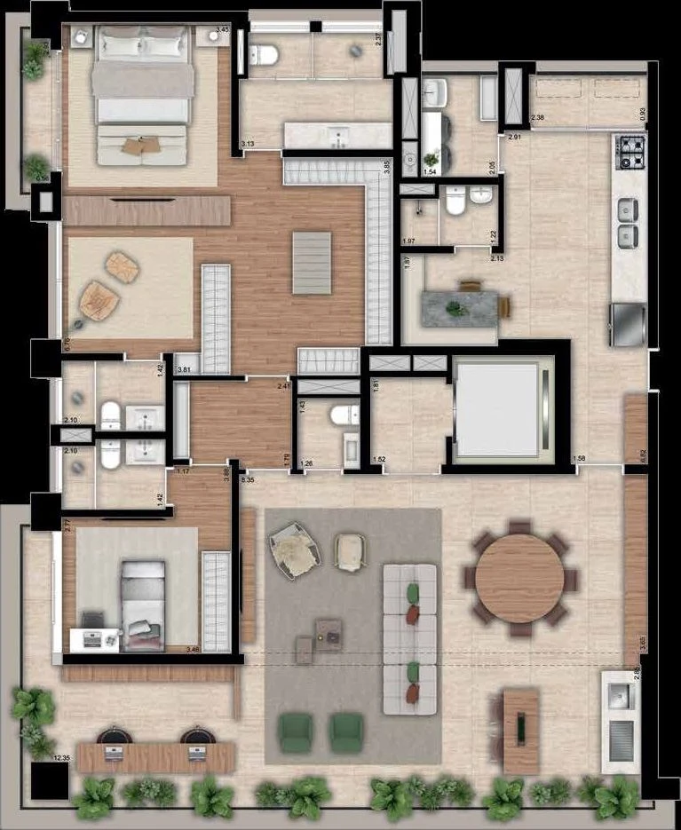 Planta ilustrada de 2 suítes com a suíte master ampliada: a suíte principal ocupa o lugar de duas, com o closet e o banho de duas cubas, ao lado de uma segunda suíte.
