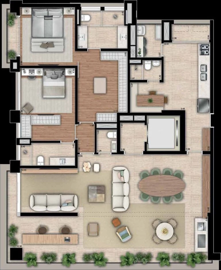 Planta ilustrada de 2 suítes com a sala ampliada: no lugar da terceira suíte, o living se estende ao longo de toda a fachada e se integra ao terraço.