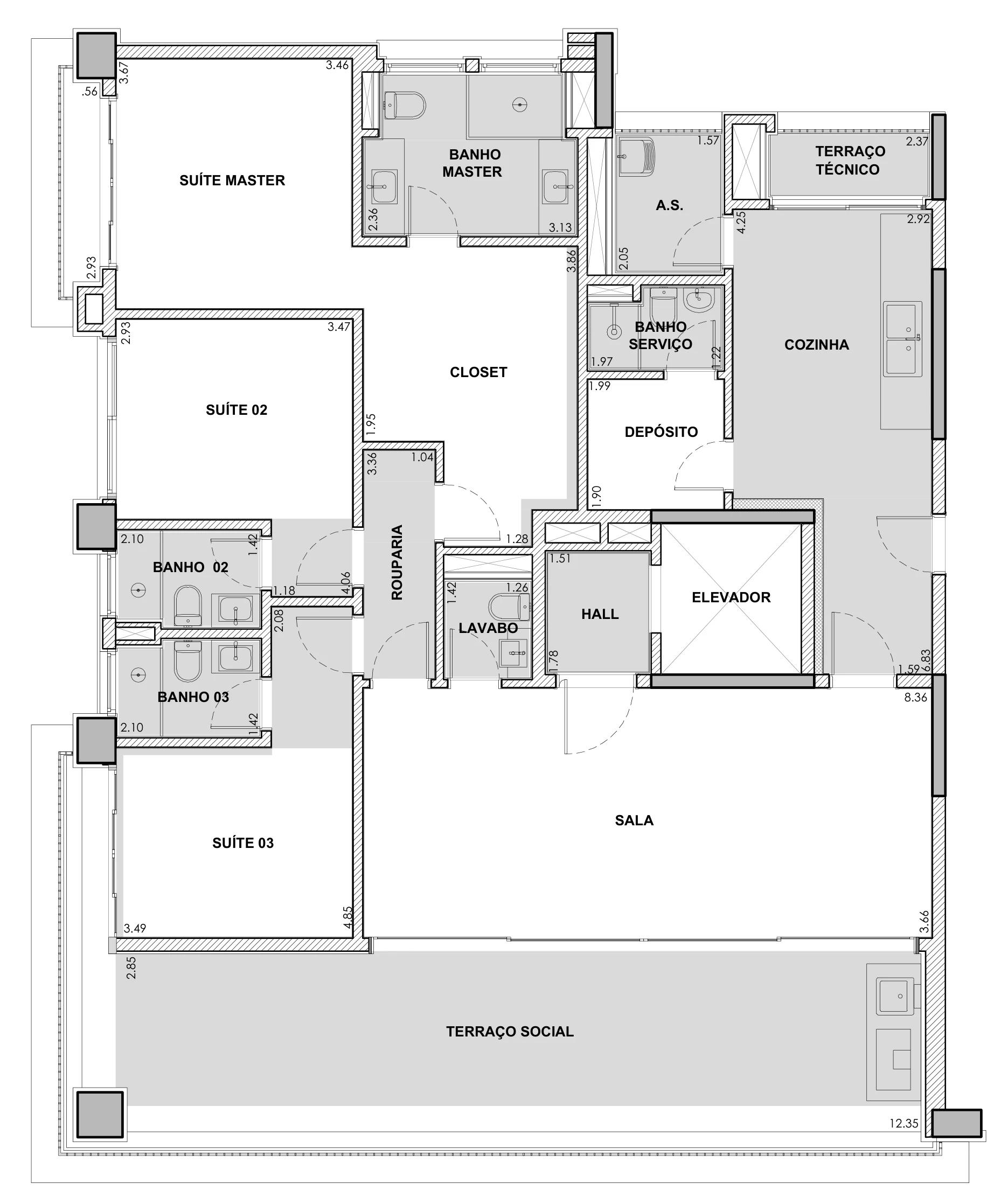 Planta técnica do final 1, com as medidas: suíte master, banho master e closet; suítes 02 e 03 com banhos; rouparia, lavabo, hall e elevador; sala e terraço social; cozinha, área de serviço, banho de serviço, depósito e terraço técnico.