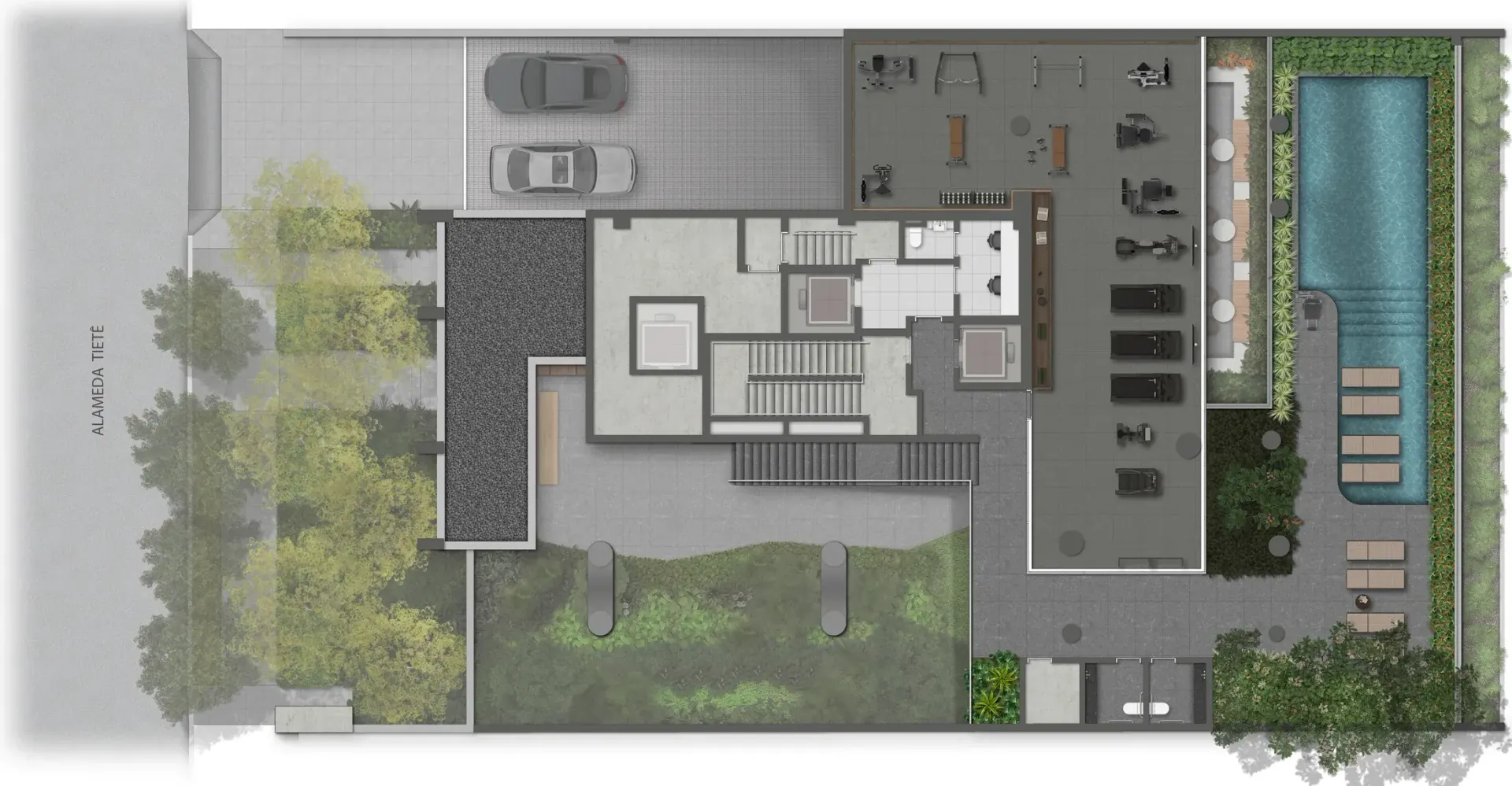 A implantação do primeiro pavimento vista de cima: o jardim na frente, junto à Alameda Tietê, o fitness com os aparelhos no meio e, no fundo, uma piscina com degraus e espreguiçadeiras entre as jardineiras.