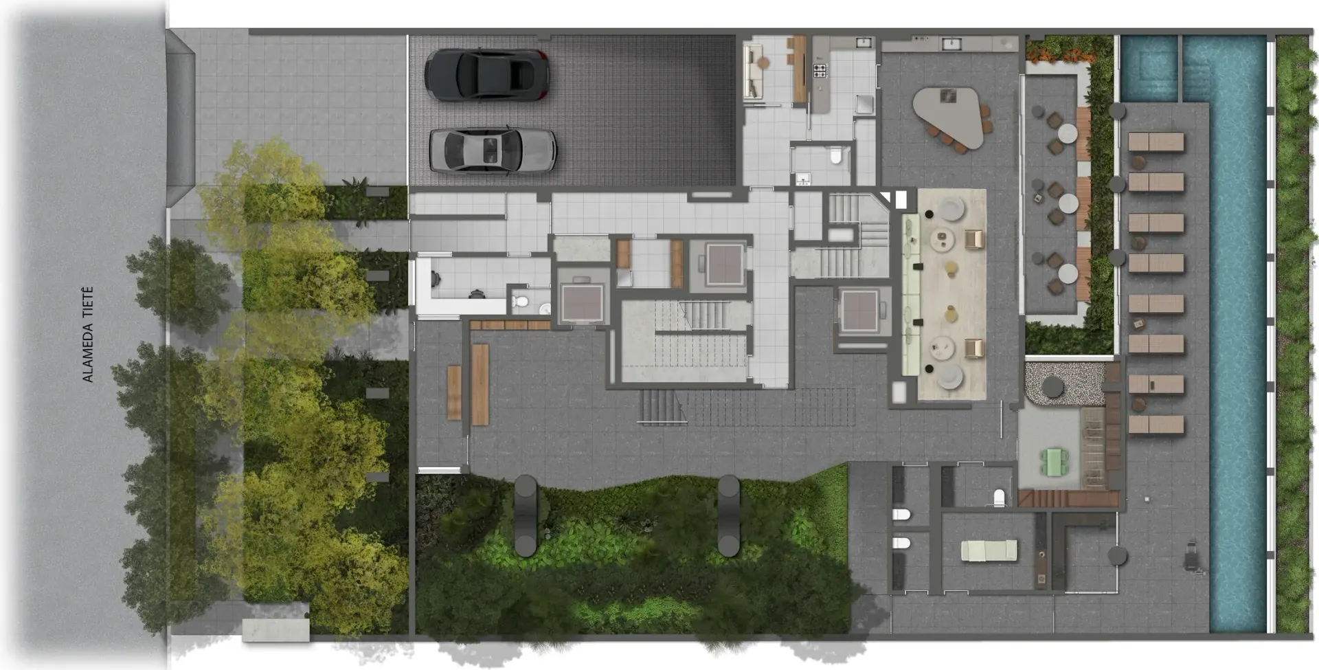 A implantação do térreo vista de cima: a Alameda Tietê à esquerda, o recuo com árvores na frente, o acesso de carros, o hall e o salão no meio e, no fundo do terreno, a piscina comprida de raia com espreguiçadeiras.