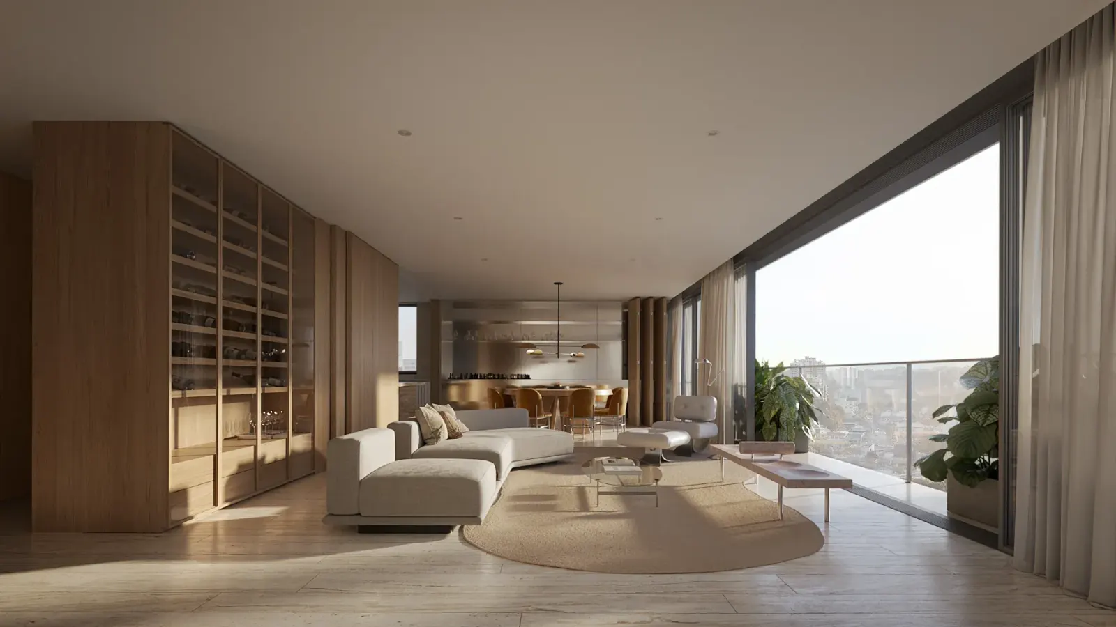 O living da planta Lorena: o sofá em L sobre o tapete redondo, a estante de madeira e a porta de vidro aberta para o terraço com plantas.