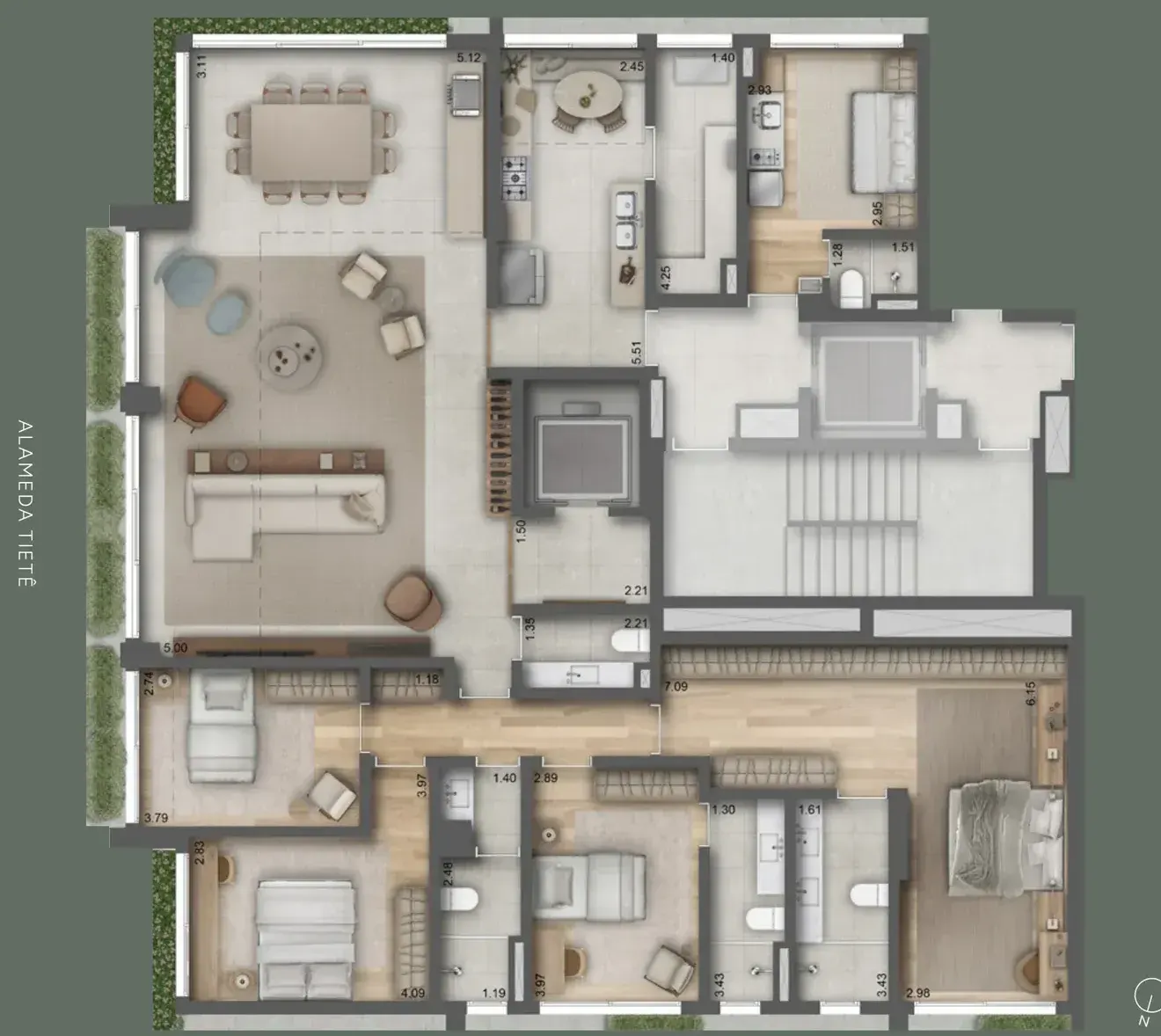 A planta Tietê: o living com jantar voltado para a Alameda Tietê, a cozinha e a copa no alto, quatro suítes embaixo, a master no canto, e as jardineiras em volta.