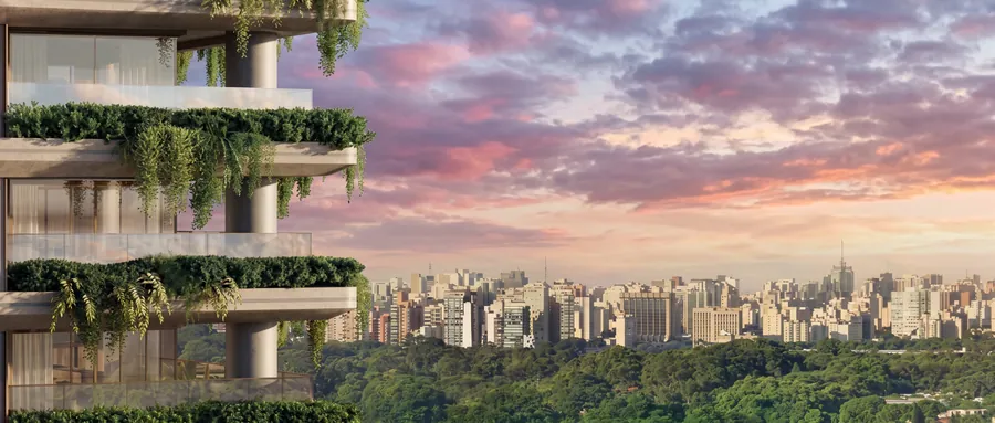 Fachada do La Galerie com jardins nas varandas, com o skyline de São Paulo ao fundo.