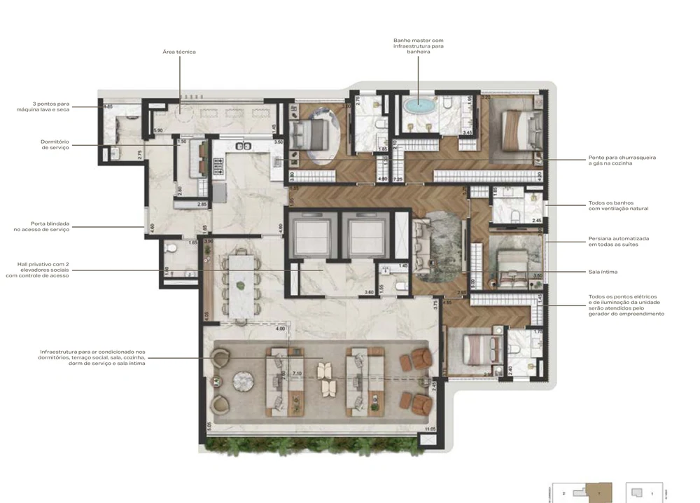 Planta de 283,50 m², padrão, com 4 suítes.