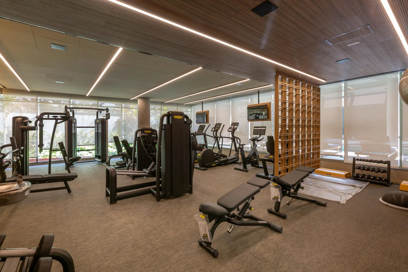 O fitness: aparelhos de musculação e de cardio sob linhas de luz no forro, com uma estante de madeira ao fundo.
