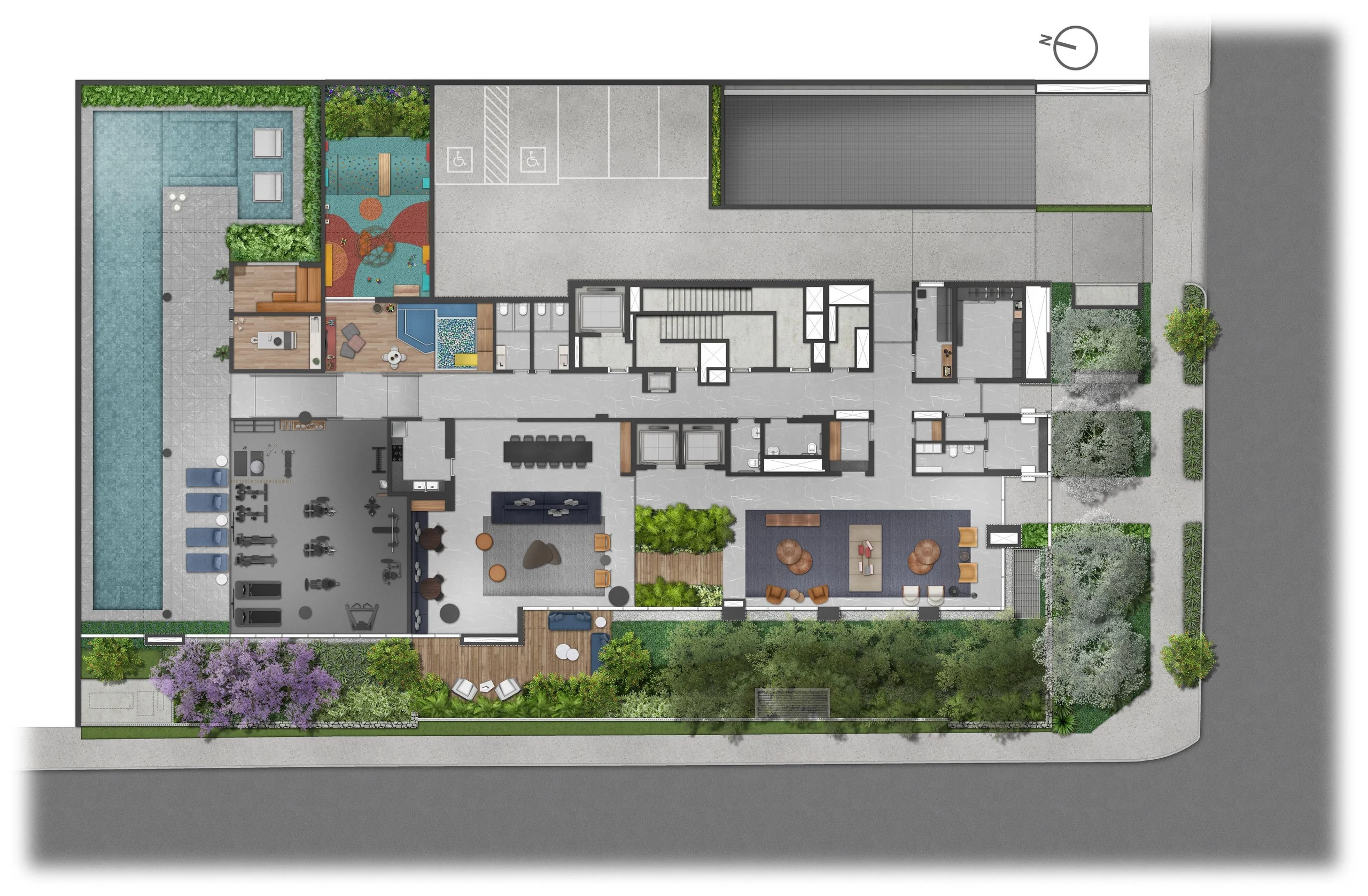 Implantação do pavimento térreo: a piscina comprida à esquerda, com o spa no alto; o playground, a sauna, a massagem e a brinquedoteca ao lado; o fitness, o salão de festas e o lobby no meio, abertos para o jardim de baixo; as vagas de visitantes em cima e a portaria à direita, na Rua Leopoldo Couto de Magalhães Júnior.