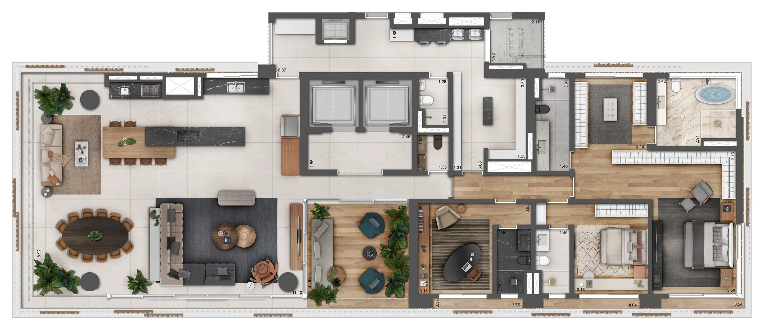 Planta do apartamento decorado: a cozinha com ilha aberta para um living de mesa oval, uma sala de televisão, um escritório e as suítes.