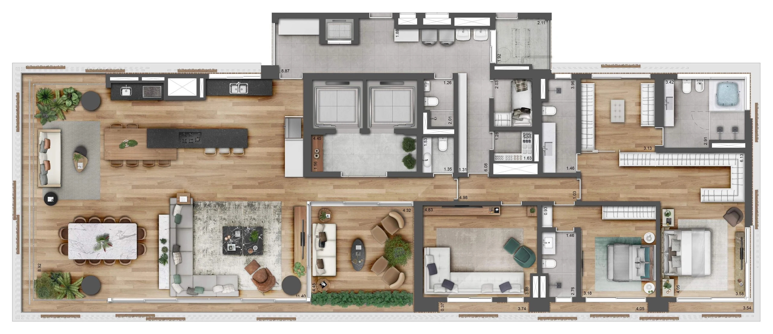 Planta opção 01 de 355 m²: a cozinha com ilha aberta para o living, o jardim de inverno, um estar com sofá onde a planta tipo tem uma suíte e um closet maior na suíte master.