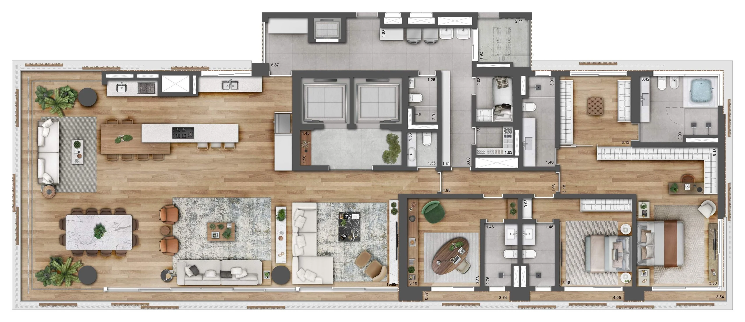 Planta opção 02 de 355 m²: o living contínuo com o jardim de inverno integrado, a cozinha com ilha aberta, um home office e duas suítes.