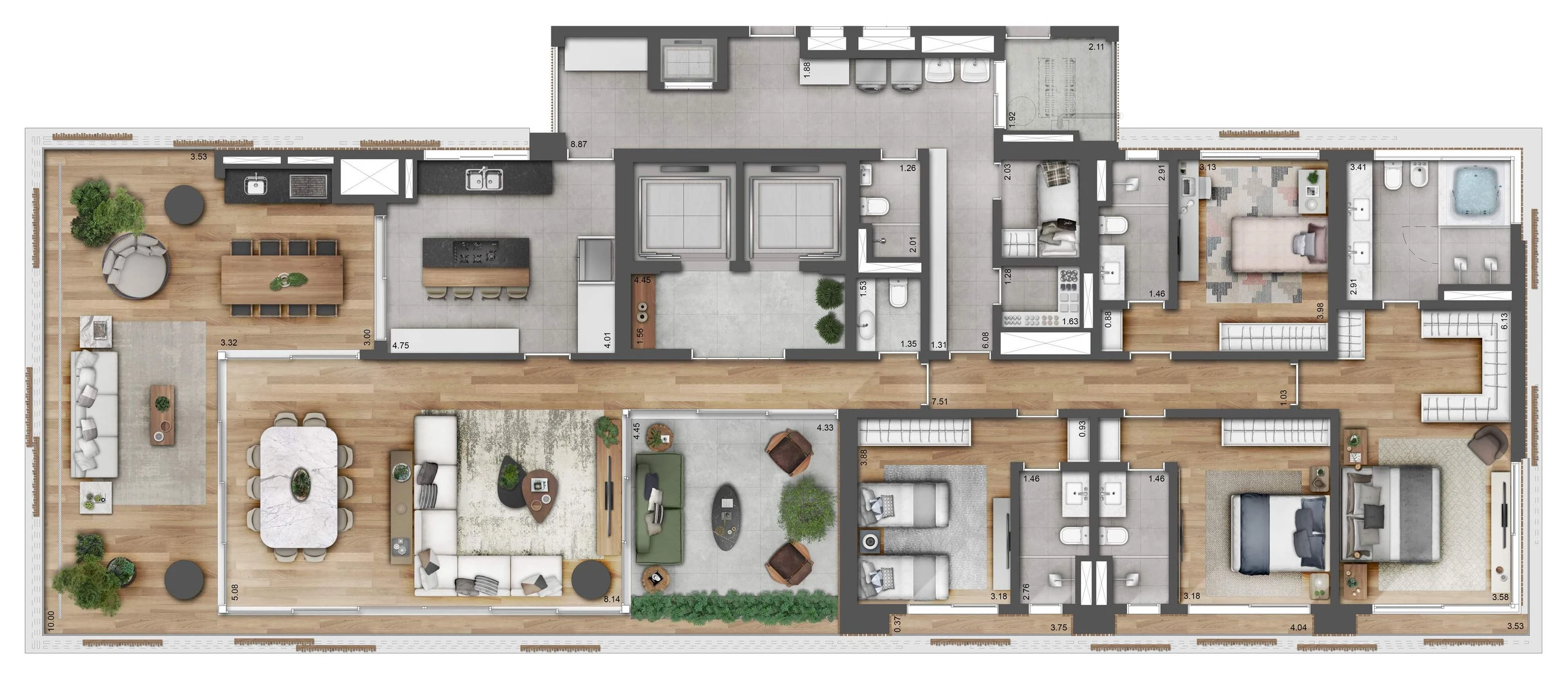 Planta tipo de 355 m²: o living de ponta a ponta, com o jardim de inverno; a cozinha com bancada; o hall dos dois elevadores no meio; e as quatro suítes do outro lado, a master com banheira.