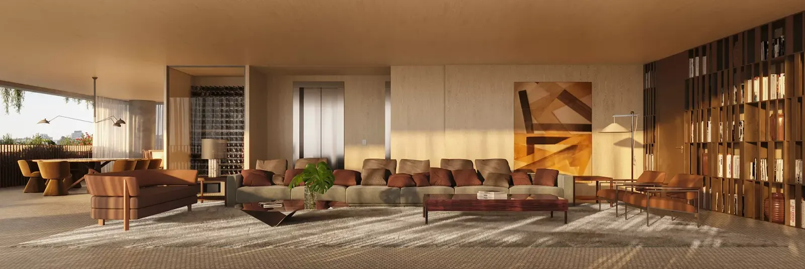 Um living largo: sofás e poltronas de couro, um quadro de tons quentes, a estante de madeira à direita e a varanda com a cidade à esquerda.