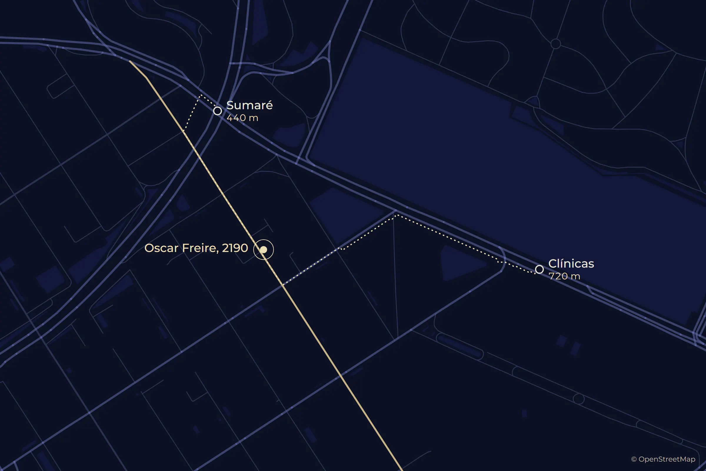 Mapa do entorno do Hire: a Rua Oscar Freire em dourado, o número 2190 marcado e os caminhos a pé até as estações Sumaré, a 440 m, e Clínicas, a 720 m.