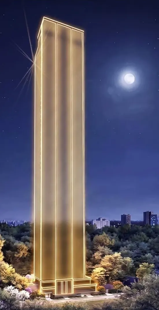 Render da torre do Hire à noite, com os contornos da fachada em luz dourada, a lua cheia no céu e as copas iluminadas ao pé do prédio.