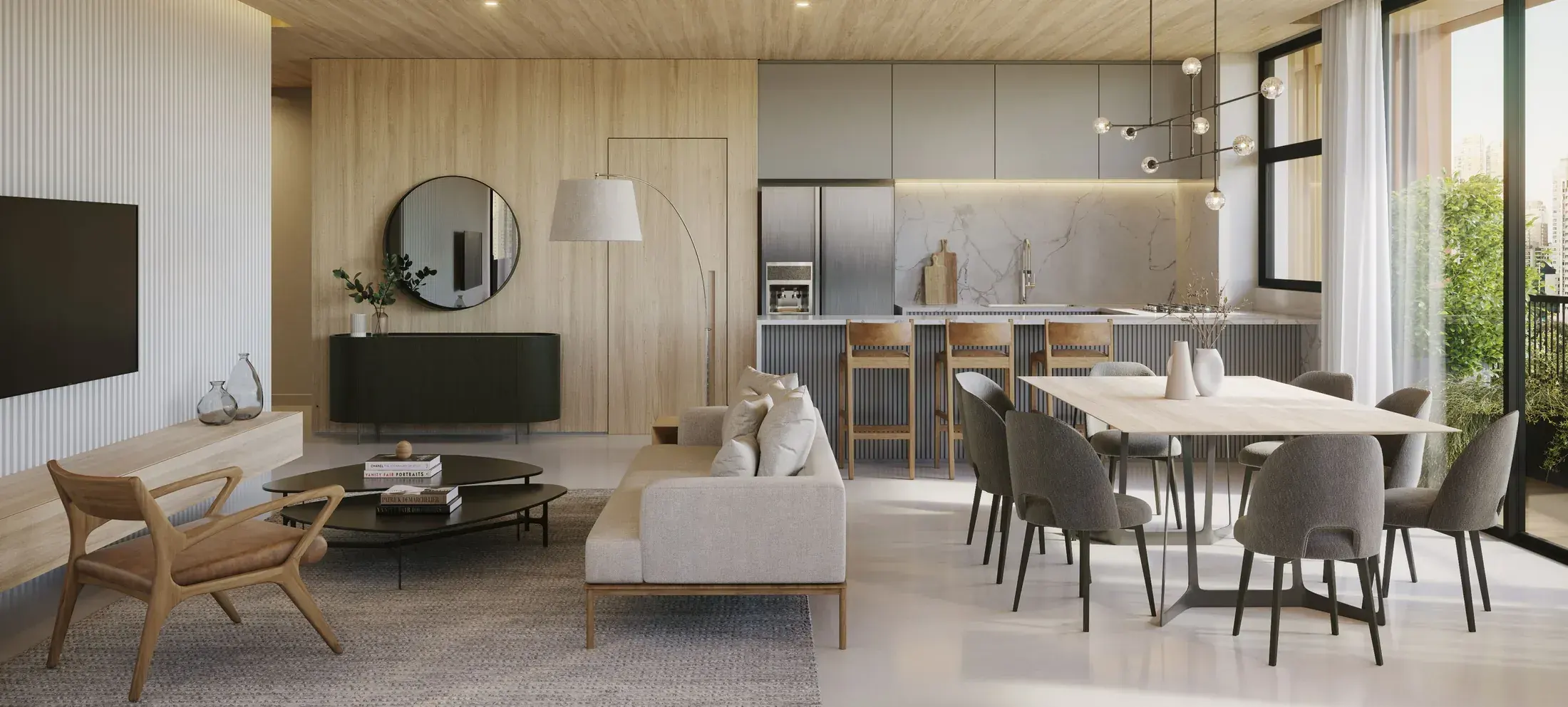 O living da cobertura duplex: o sofá em L, as poltronas, a mesa de jantar e as janelas do piso ao teto voltadas para os prédios e as árvores.