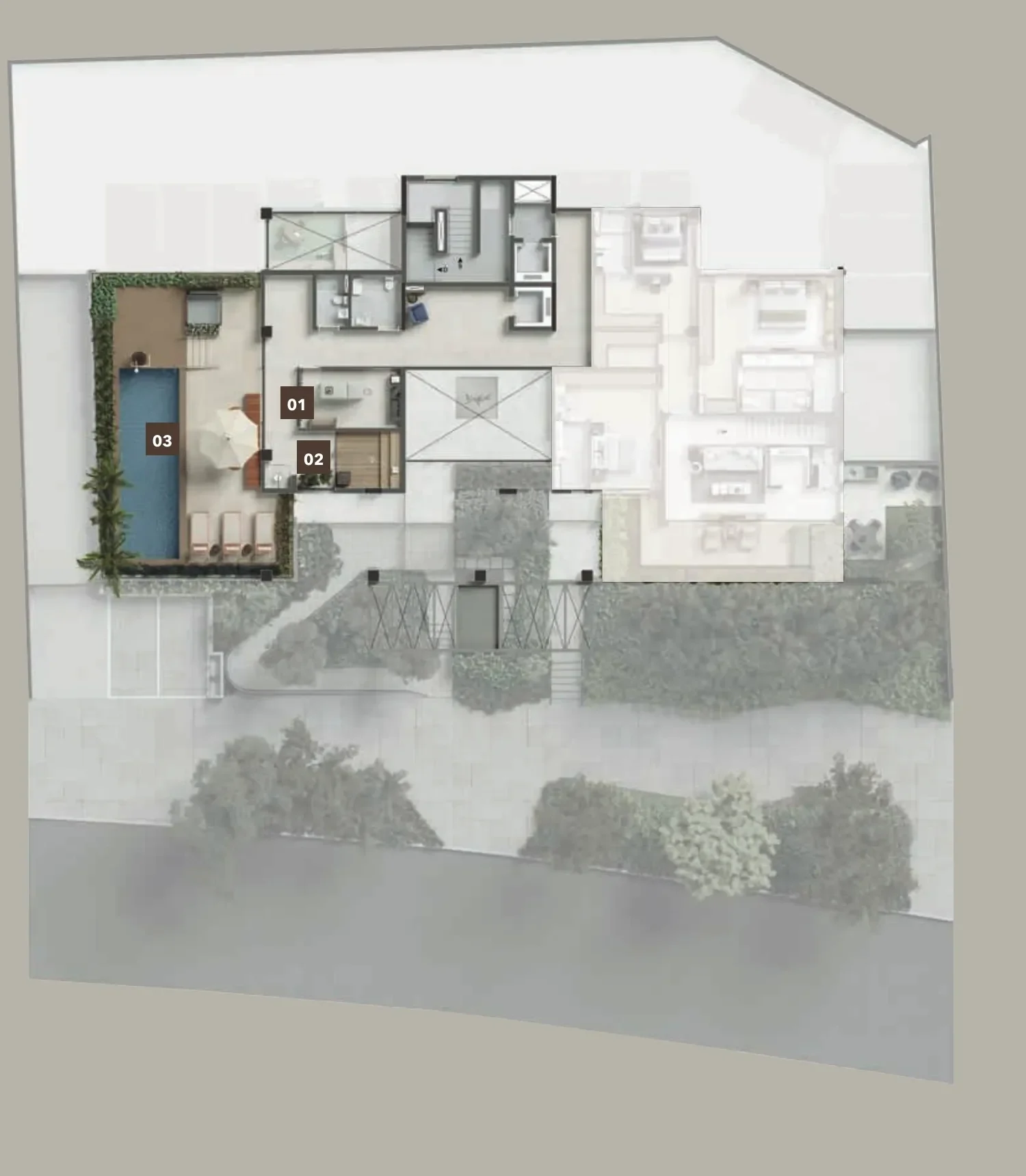 A implantação do 1º pavimento vista de cima: a piscina descoberta ao longo do jardim, a sauna e a sala de massagem, numeradas de 01 a 03.
