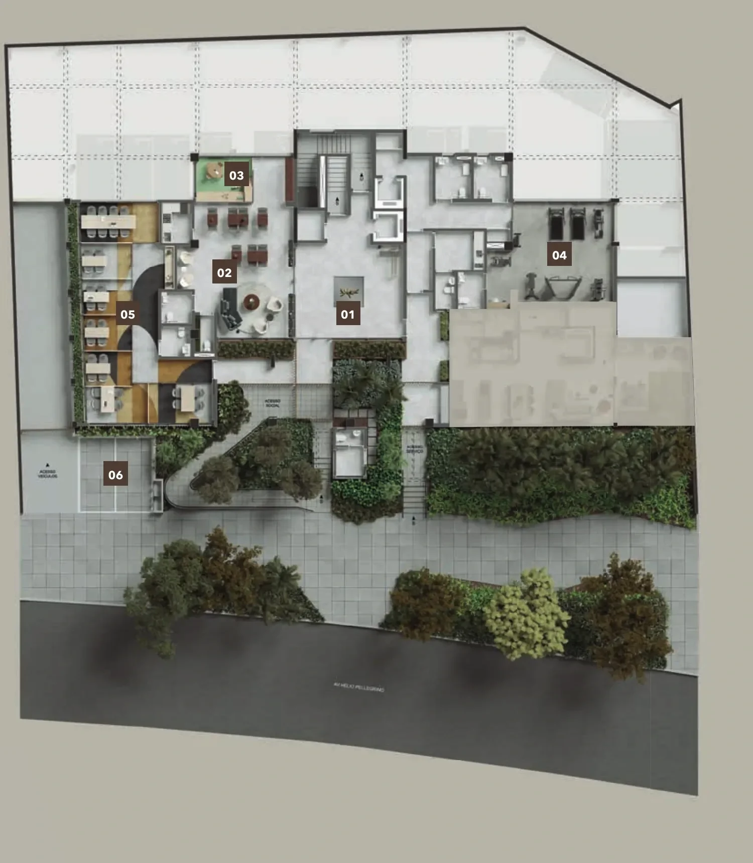 A implantação do térreo vista de cima: a entrada pela avenida com o jardim, o lobby, o salão de festas, a brinquedoteca, o fitness e os offices, numerados de 01 a 06.