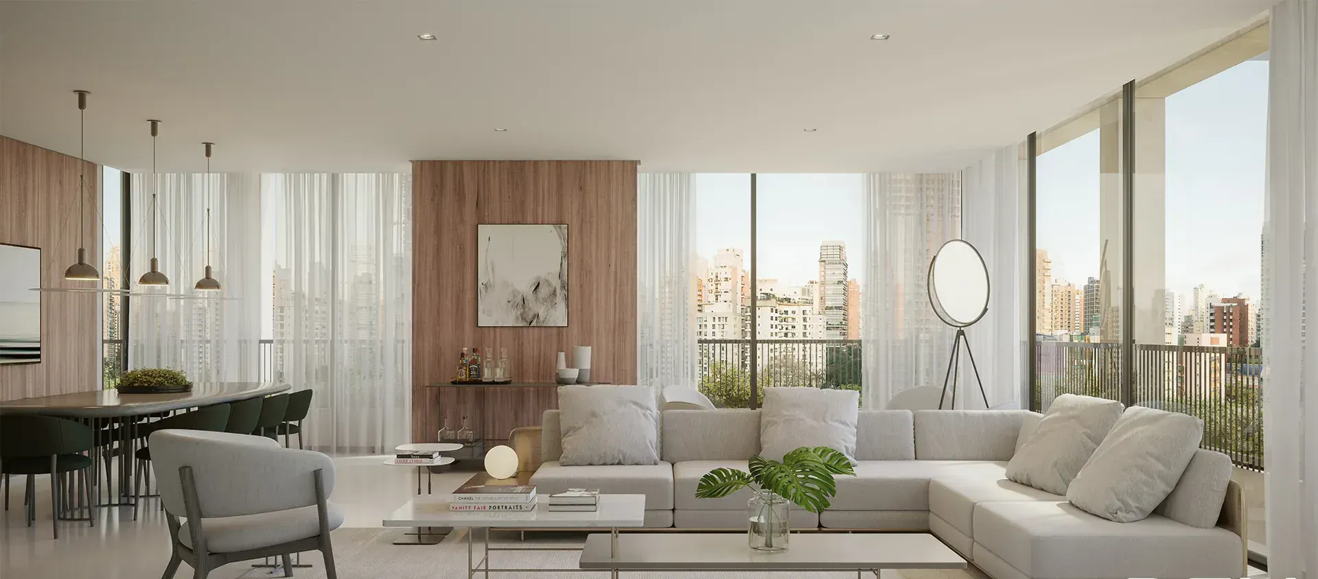 O living de uma residência: sofás claros, poltronas e a mesa de jantar sobre o piso claro, as portas de vidro abertas para o terraço e a cidade ao fundo.