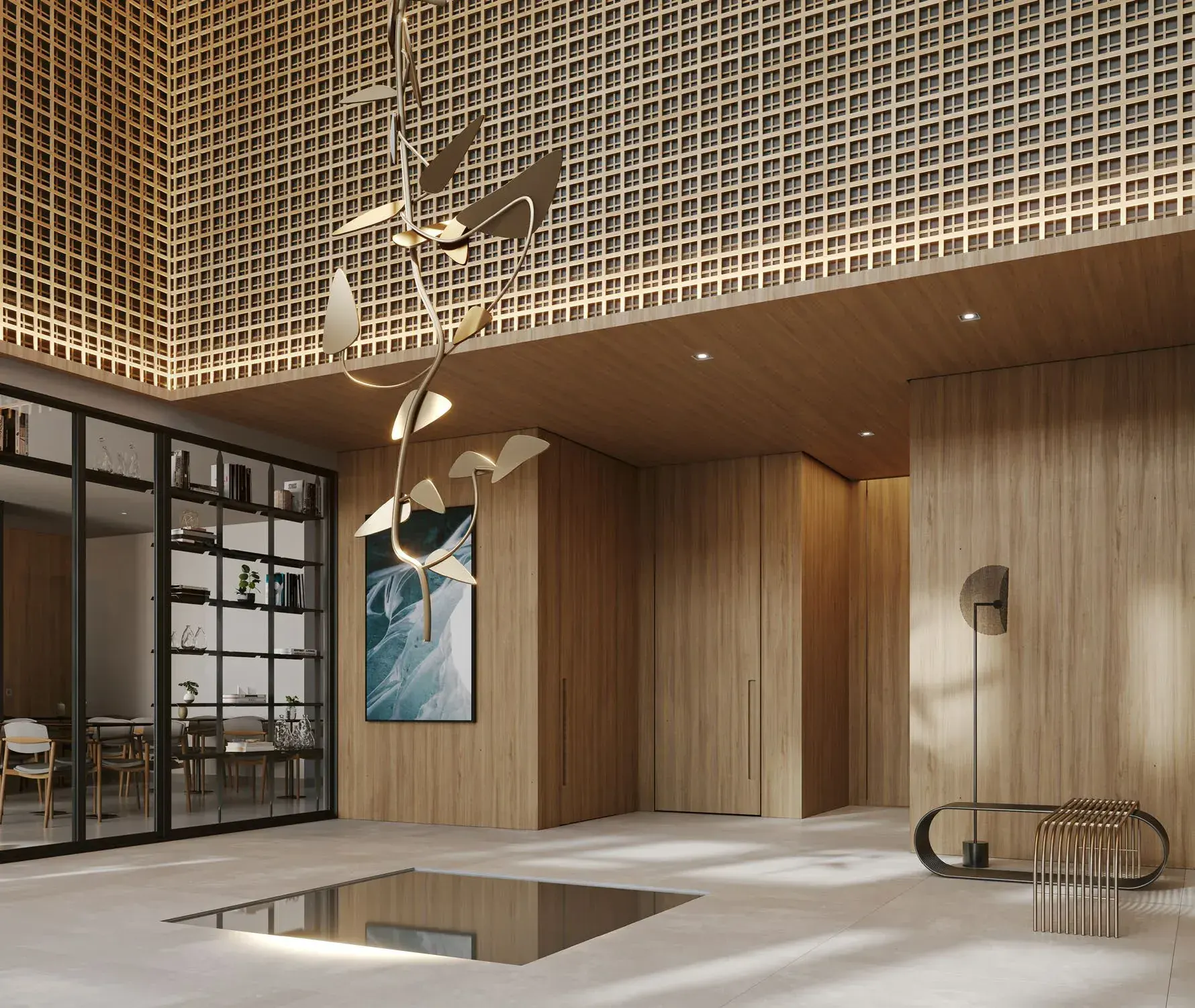 O lobby: o pé-direito alto com o forro de treliça de madeira, a escultura pendente, o espelho d'água e as portas de vidro e caixilho preto.