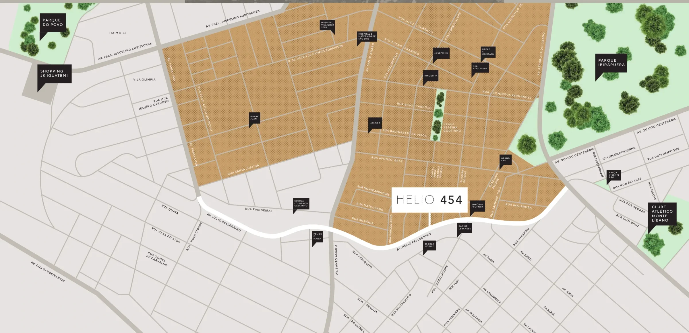 O mapa ilustrativo do entorno, do book do empreendimento: as quadras da Vila Nova Conceição em laranja, o Helio 454 marcado na Avenida Hélio Pellegrino e o verde do Parque Ibirapuera à direita.