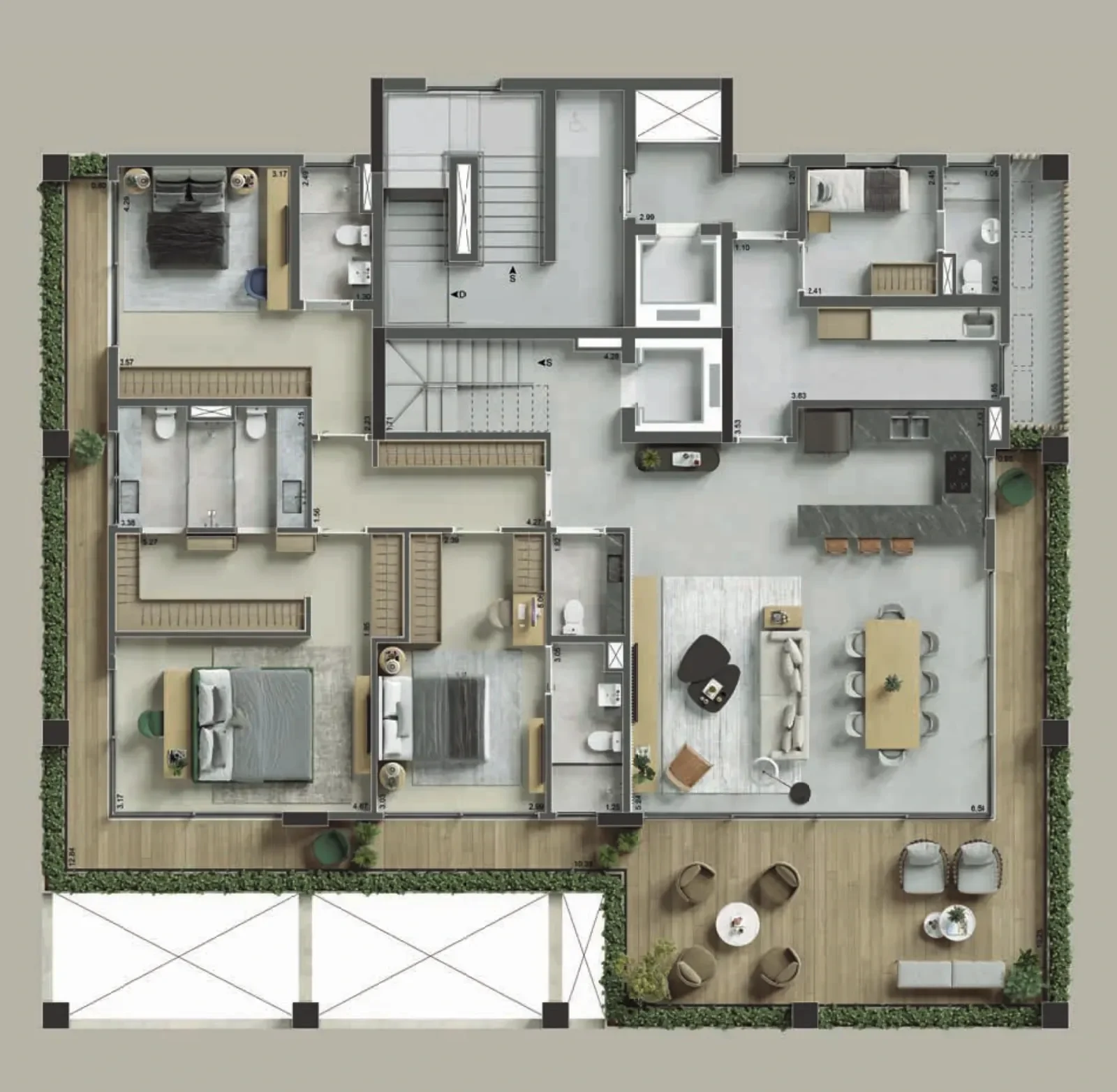 Planta humanizada da cobertura duplex, pavimento inferior: as três suítes à esquerda, a escada para o rooftop, a cozinha, o living e o terraço com floreira na frente.