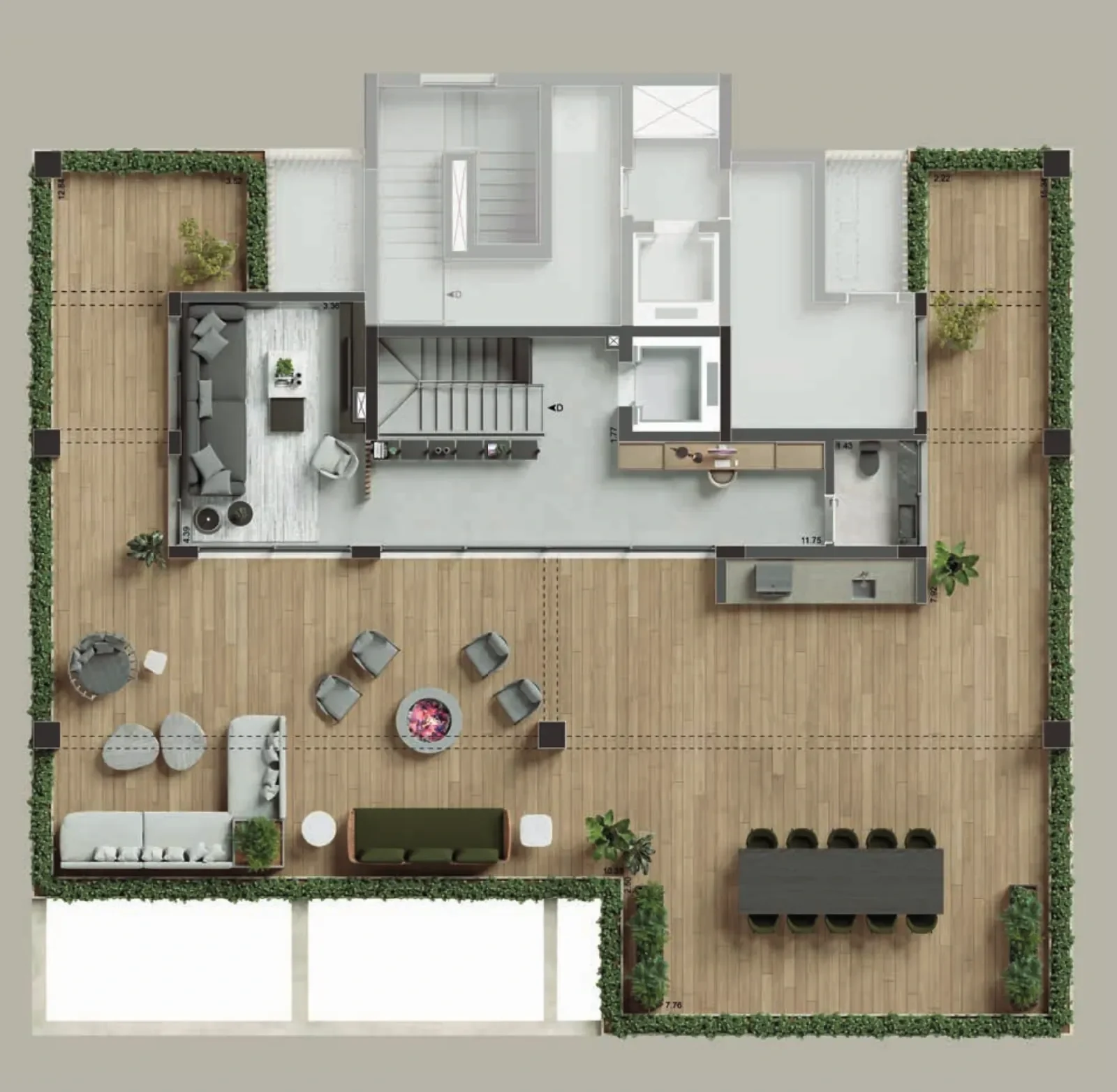 Planta humanizada do rooftop da cobertura duplex: o terraço de deck de madeira com a mesa de jantar, o estar ao ar livre em volta de uma lareira e jardim nas bordas, em volta da escada e de uma sala coberta.