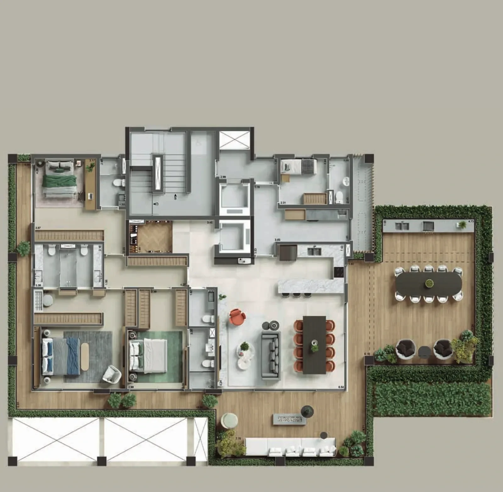 Planta humanizada do garden: as três suítes à esquerda, o living e a cozinha integrados no meio e o amplo terraço descoberto de deck de madeira, com a mesa de jantar, à direita e na frente, com jardim nas bordas.