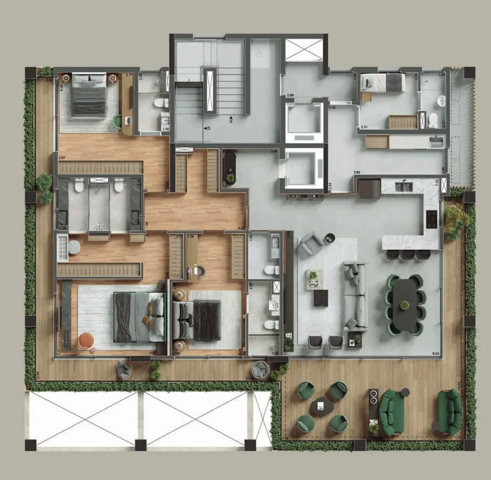 Planta humanizada do apartamento tipo, original: as três suítes à esquerda, a cozinha ao fundo e o living com terraço e floreira na frente.